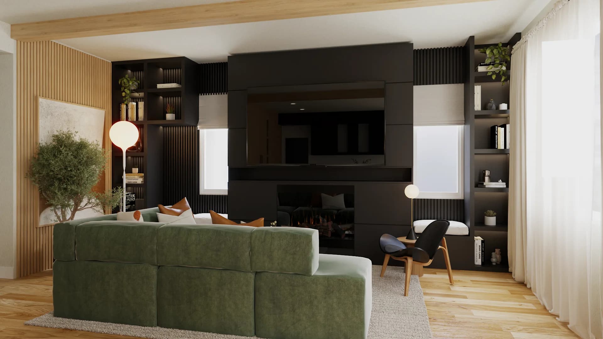 Studio living with vertical oak slat accent wall, black media built-ins, fireplace, and globe floor lamp