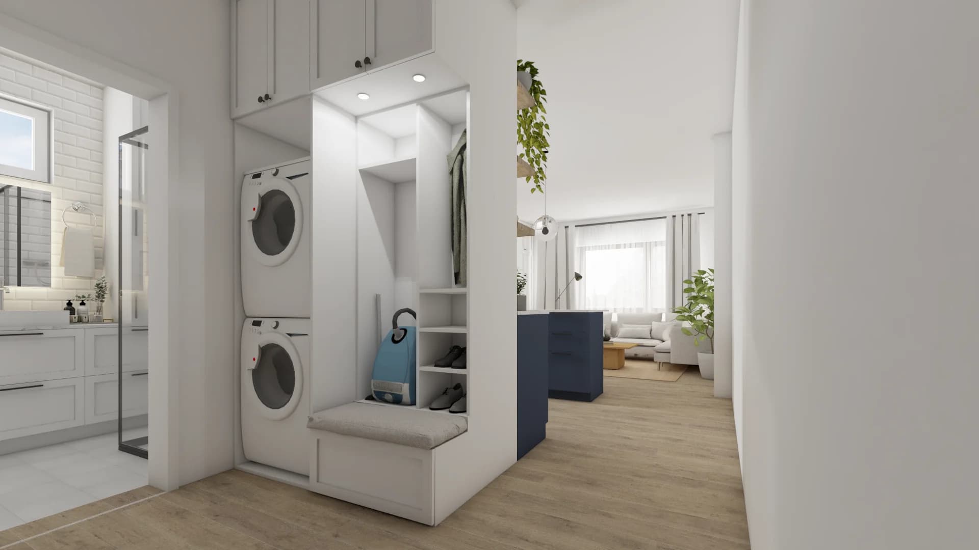 Stacked washer dryer in white built-in closet with bench seat and open shelving