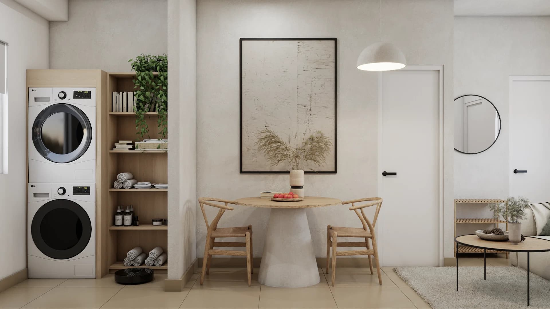 Stacked washer dryer beside oak open shelving with books and plants, round dining table with wishbone chairs