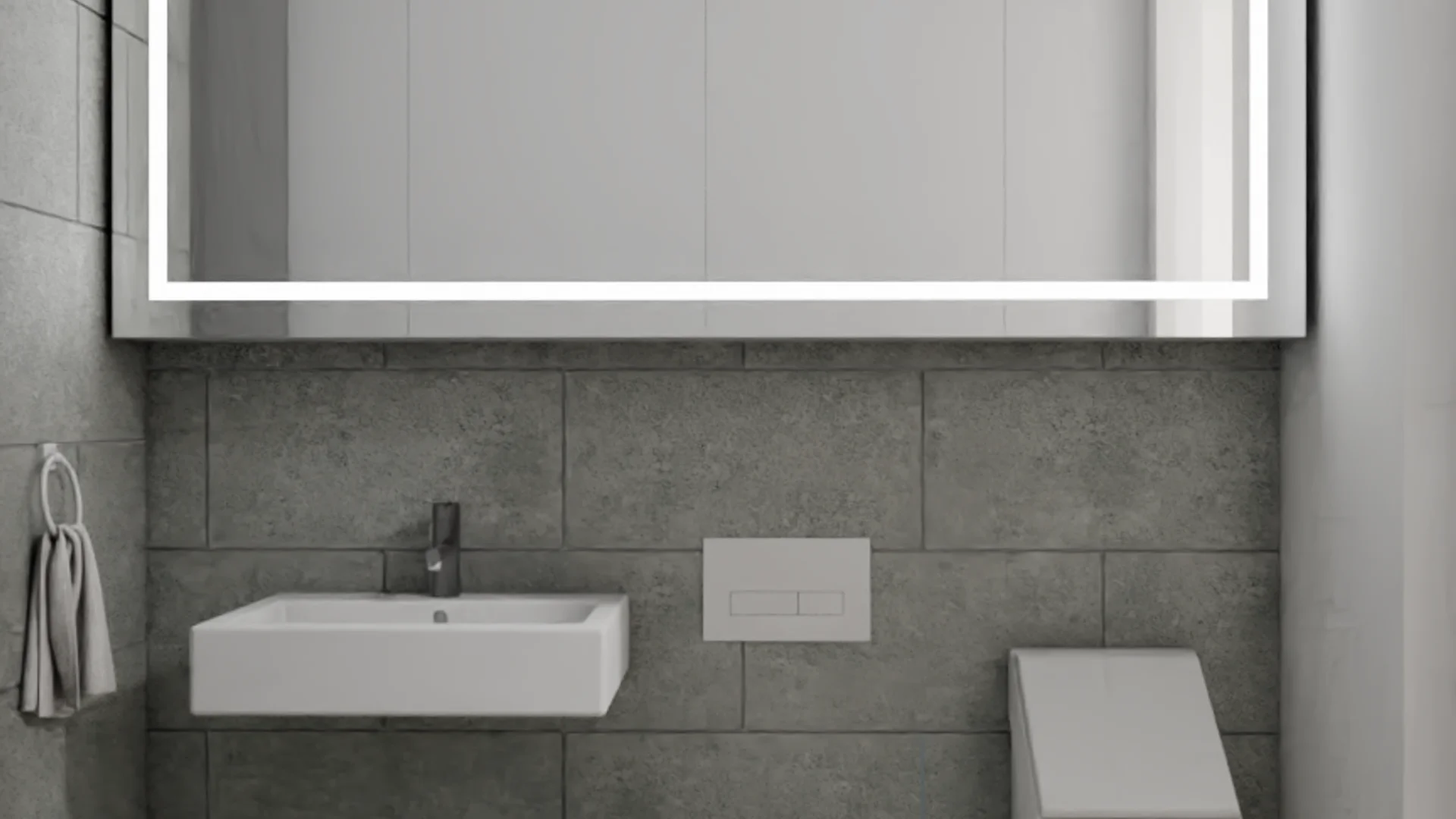 Studio bathroom with wide LED-backlit mirror, wall-mount sink, and gray porcelain tile