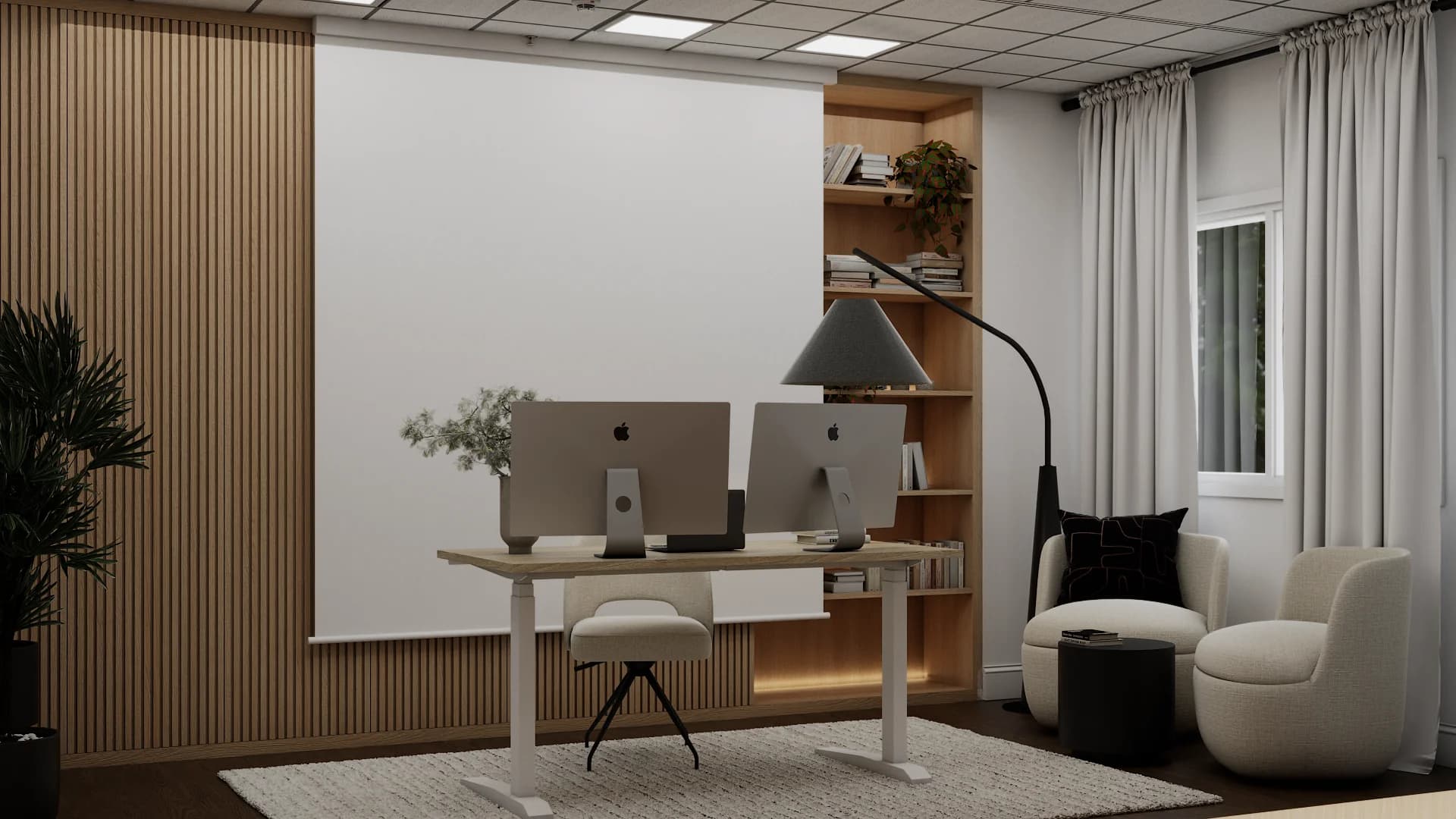 Office with dual iMacs, cream boucle swivel lounge chairs, and built-in wood bookcase nook