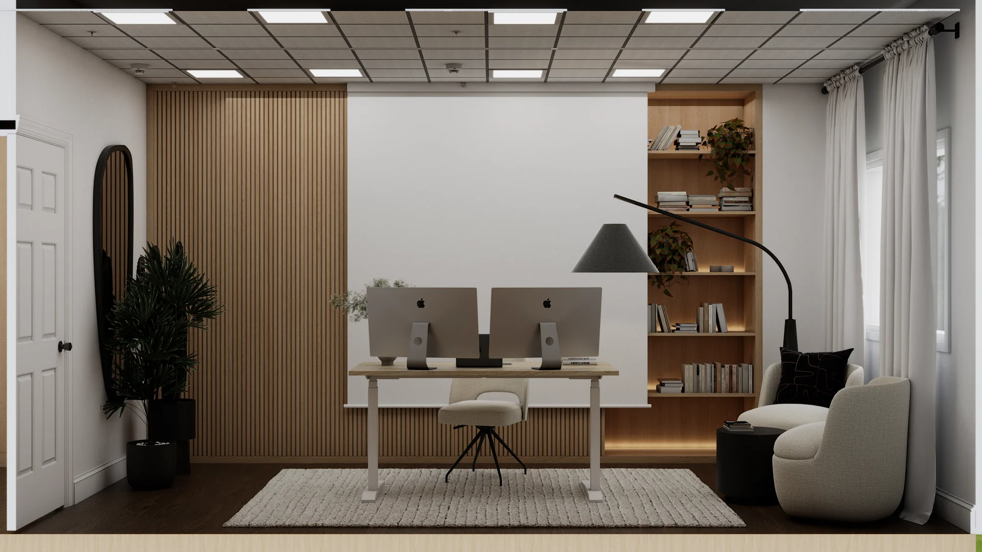 White height-adjust desk with dual iMacs, wood slat wall, and built-in bookcase in studio home office