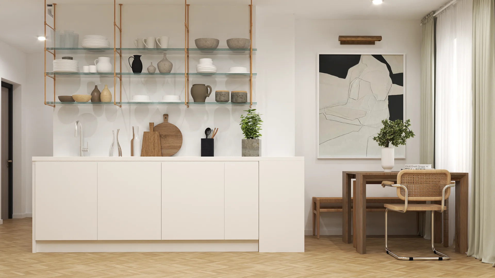 Brass and glass open shelving with ceramic dishware above white flat-panel kitchen island