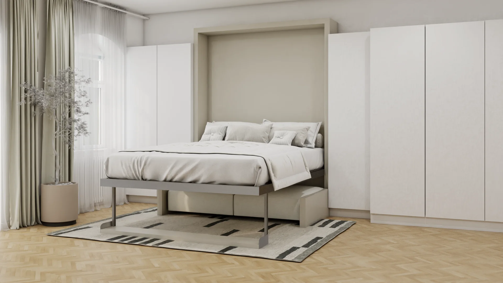 Murphy bed fully deployed with cream linen bedding, flanked by white wardrobes on parquet floor