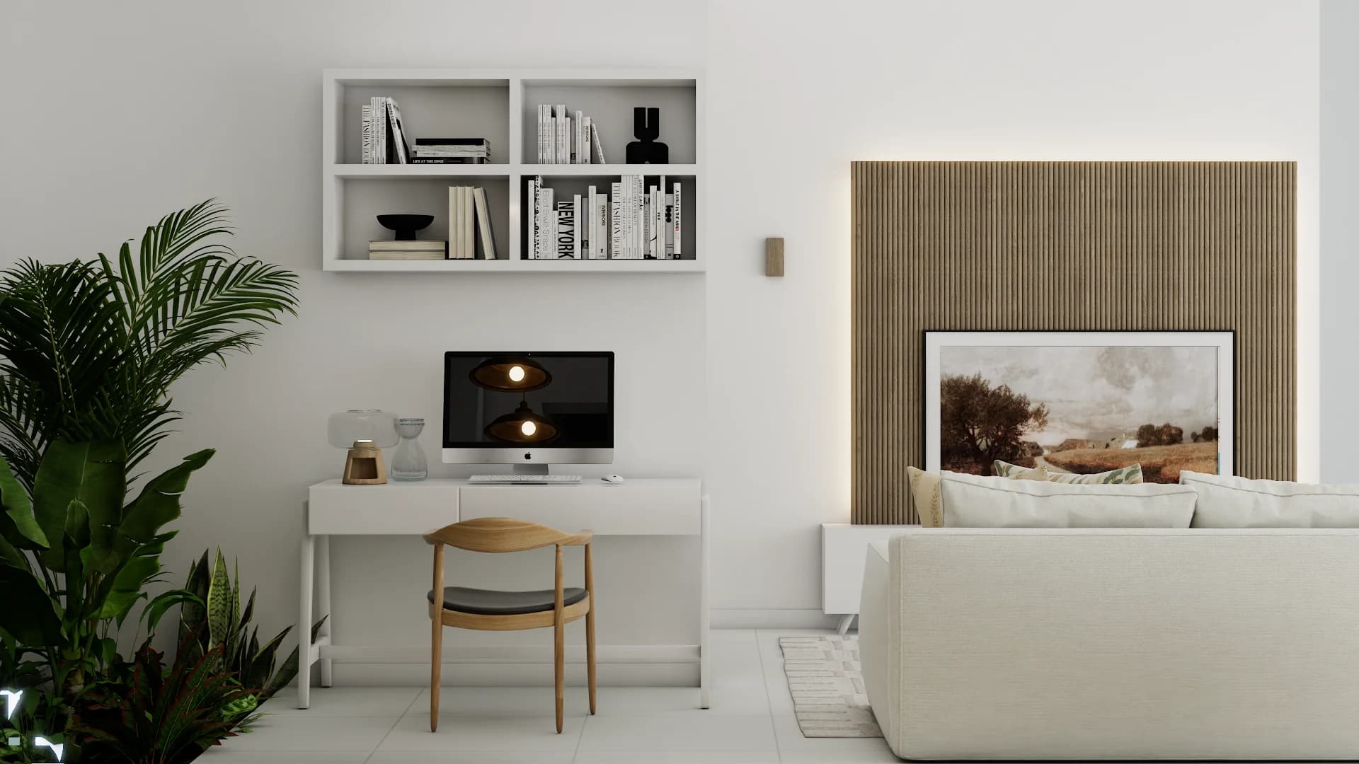 Studio living and work zone with oak slat accent wall, landscape painting, and white desk