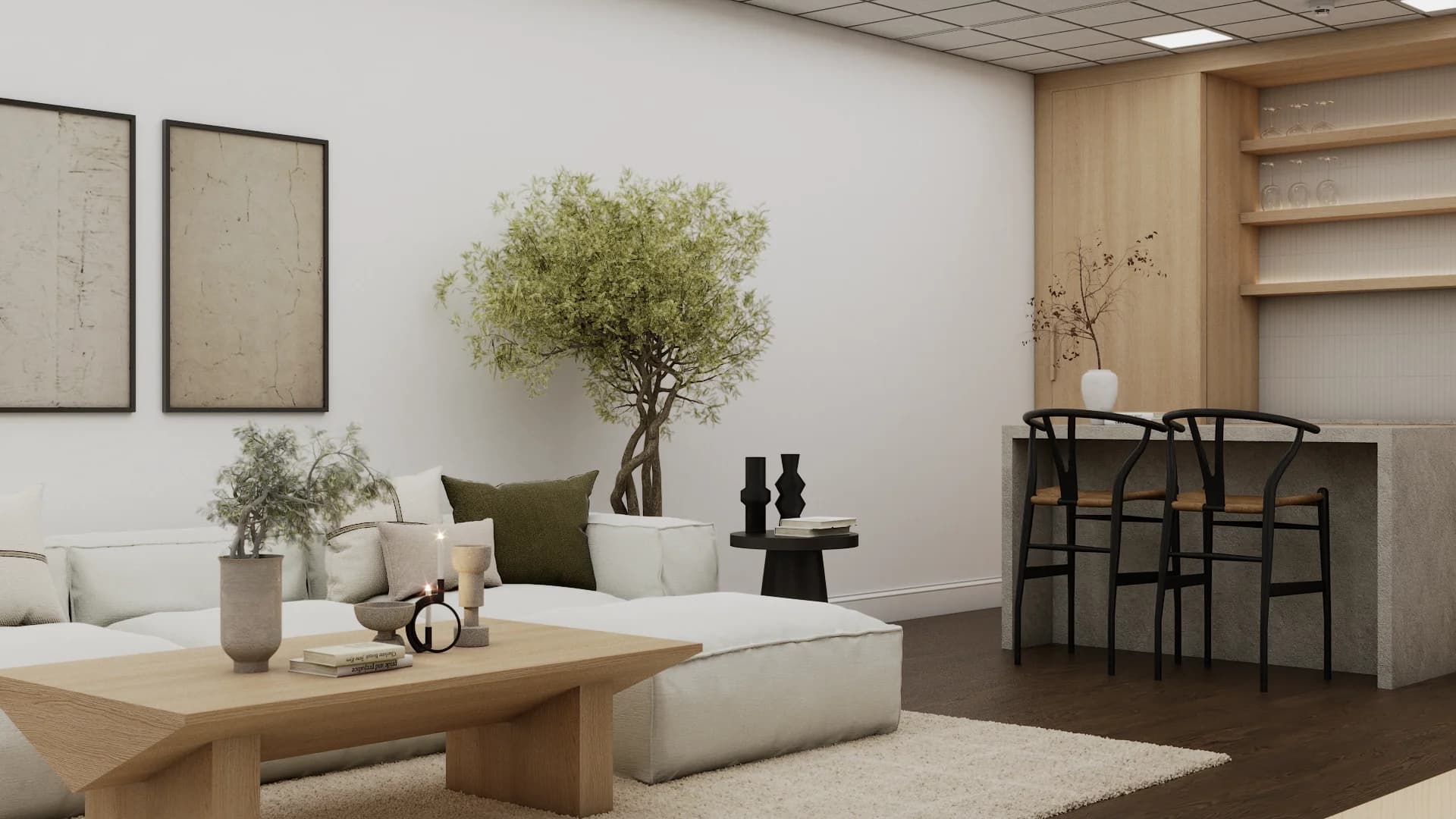 White sectional with sage pillows, wood coffee table, abstract prints, and olive tree