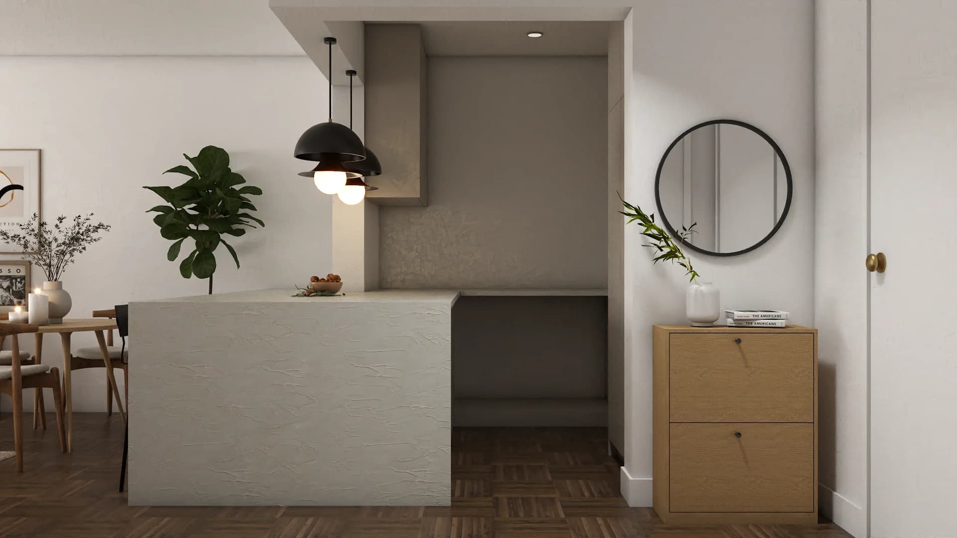Kitchen peninsula with concrete island, matte black pendants, and oak entry cabinet