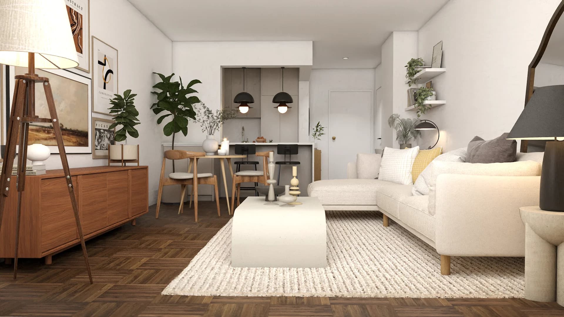 Reverse angle with cream sofa, kitchen bar island, walnut credenza, and art wall in afternoon light