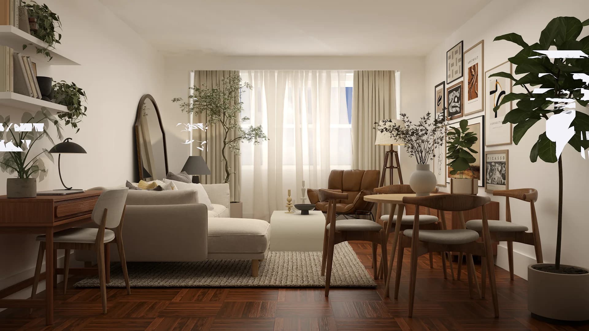 Daytime studio with cream sectional, arched mirror, and wood dining chairs against sheer curtains