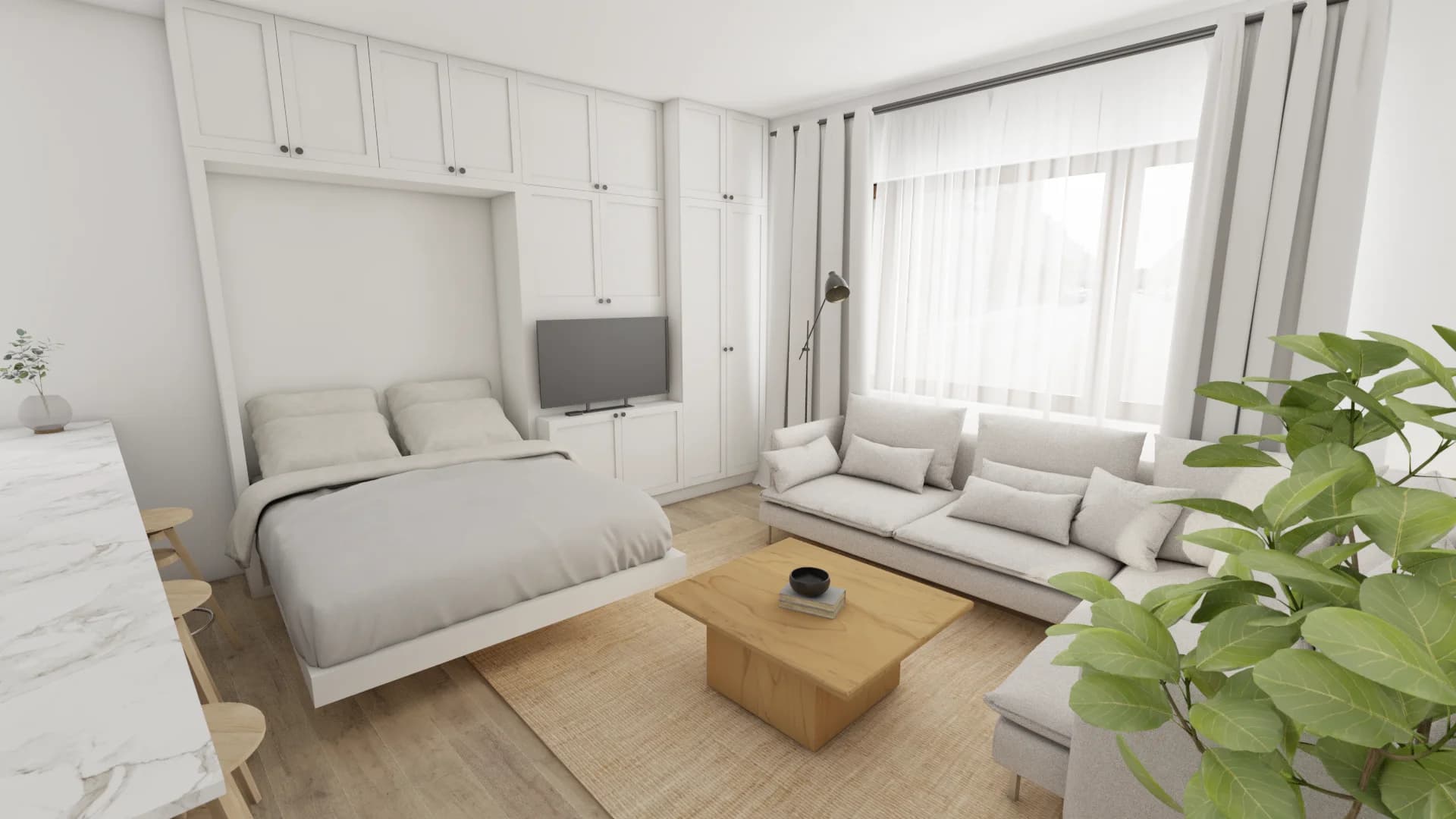 White shaker Murphy bed in built-in cabinetry wall with cream sectional sofa, oak coffee table, and jute rug in studio apartment