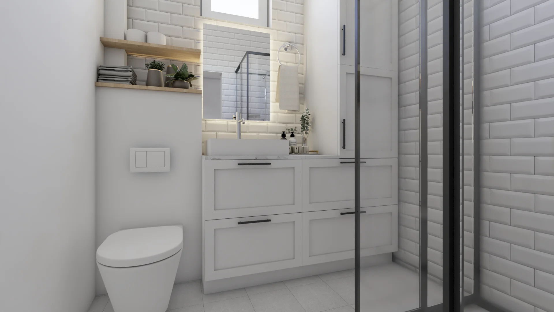 White subway tile bathroom with shaker vanity, vessel sink, oak shelf, and glass shower partition