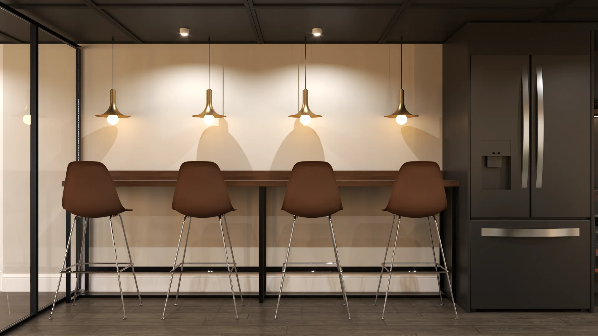 Office bar counter with brown shell stools and three brass pendant lights overhead