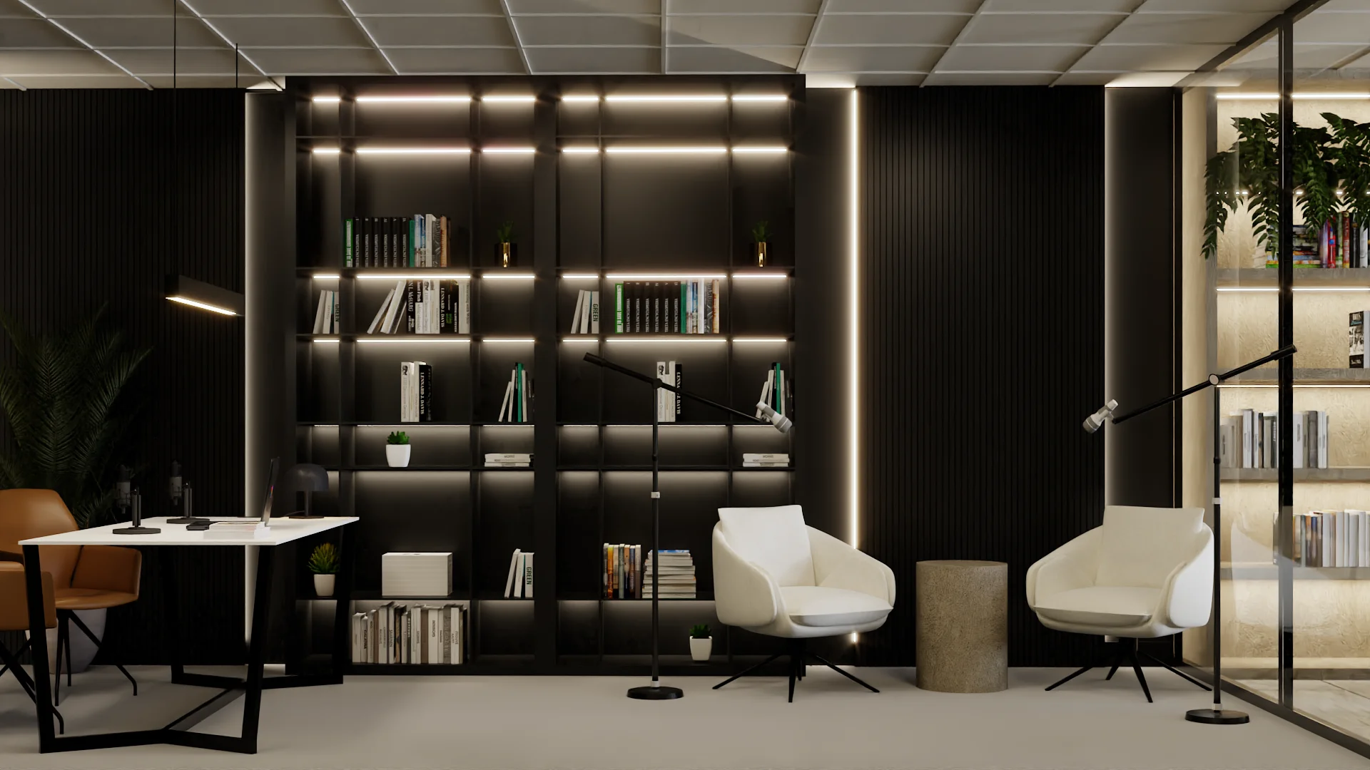 Executive office with floor-to-ceiling backlit black bookcase, white pod chairs, cognac leather, and glass partition