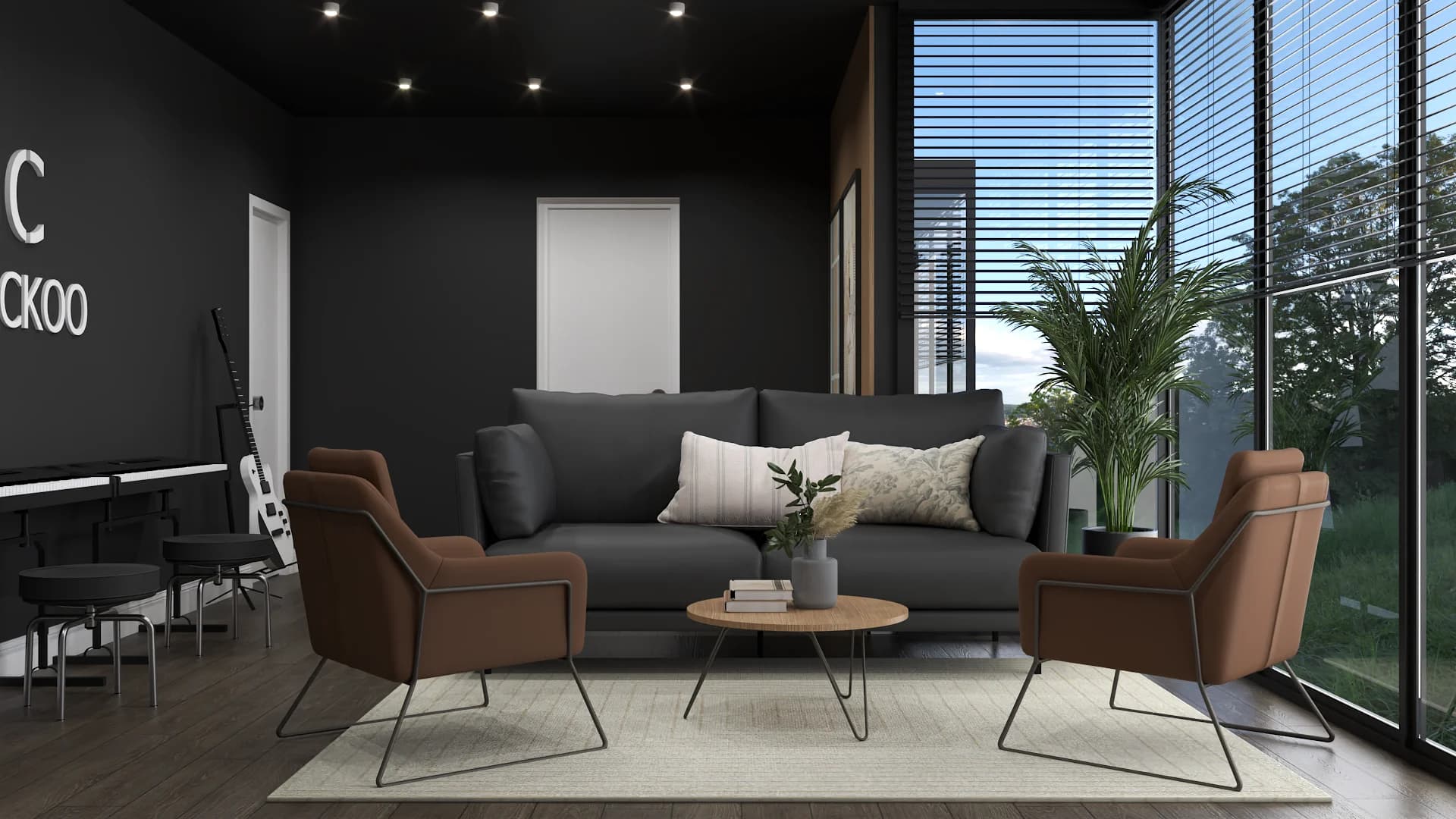Dark lounge with charcoal sofa, cognac armchairs, oak coffee table, and glass walls
