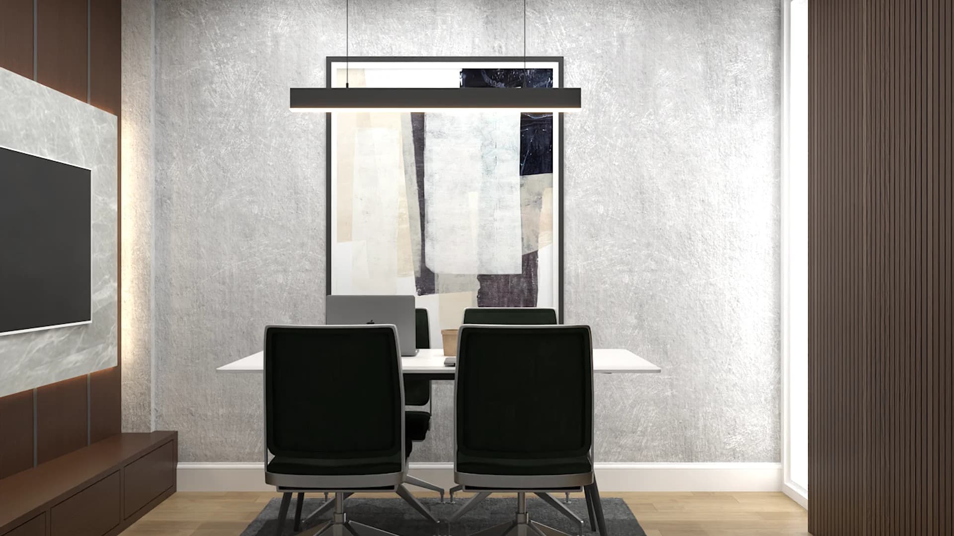 Conference nook with green chairs, large abstract painting, walnut accent panel, and pendant