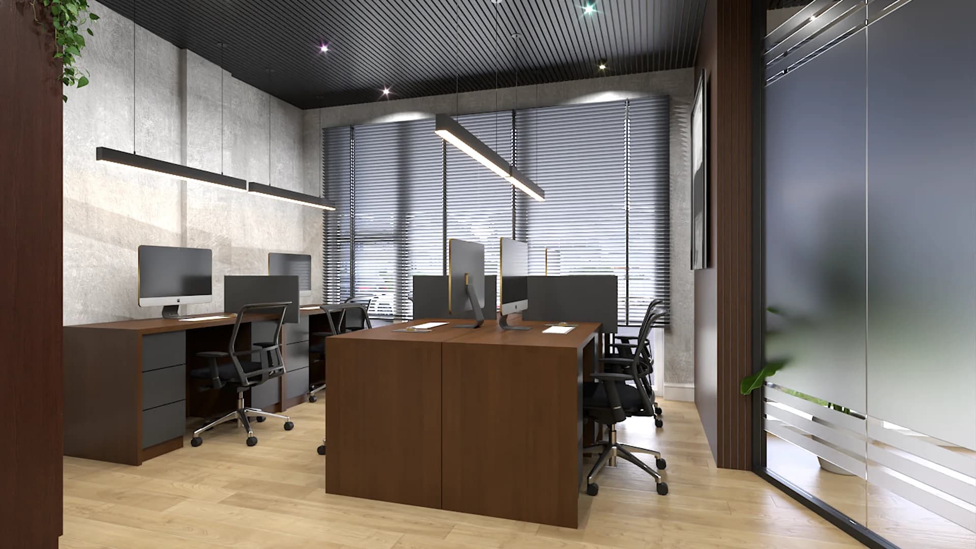 Open-plan office with walnut cluster desks, charcoal acoustic panels, concrete walls, and linear LED pendants