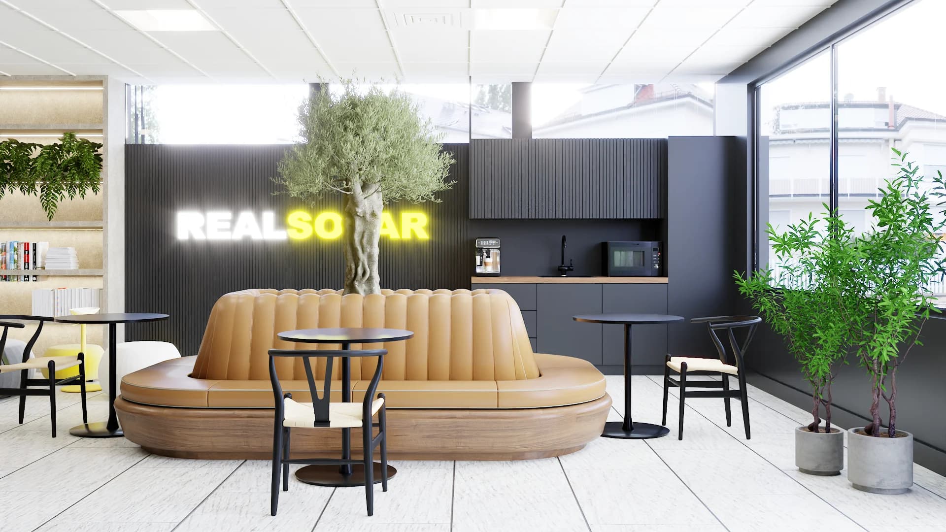Corporate breakroom cafe with curved cognac leather banquette wrapped around an olive tree