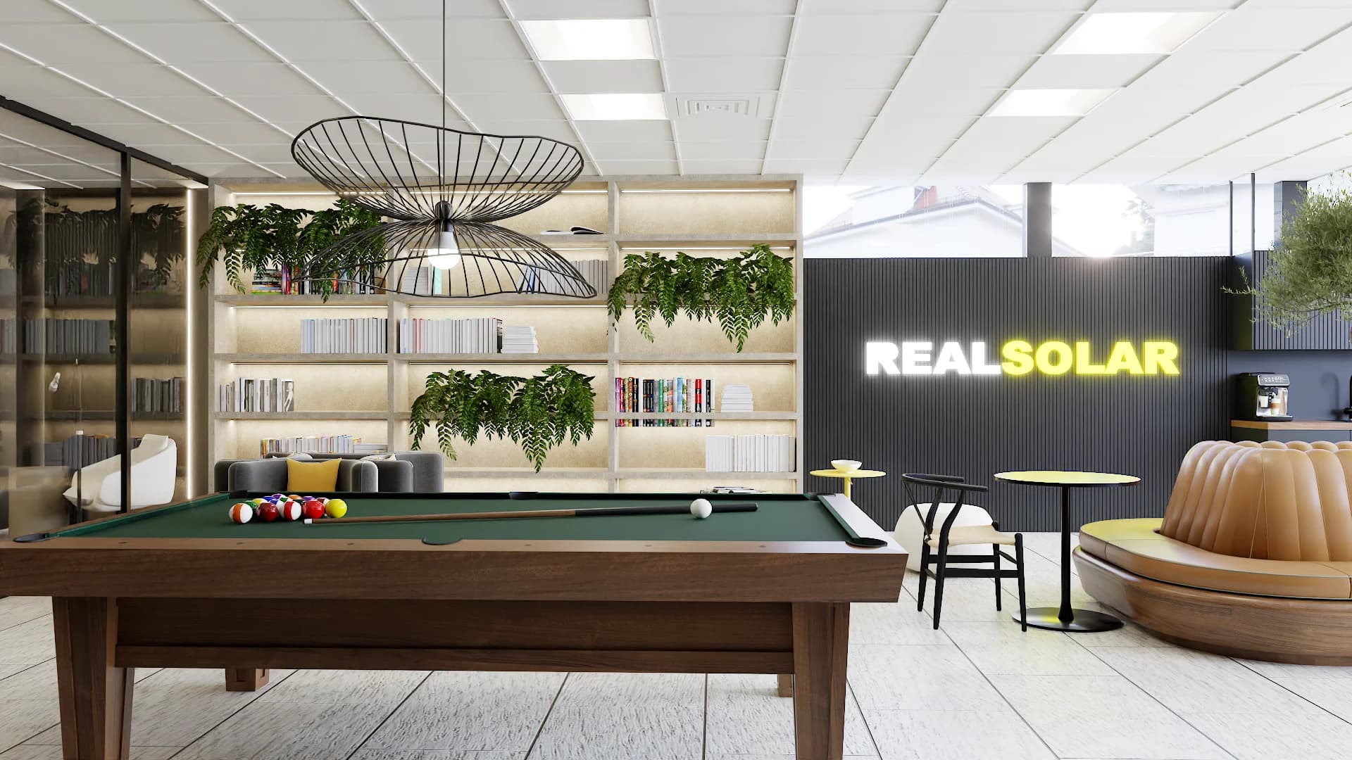Breakroom game zone with wireframe cage pendants over walnut pool table and living wall shelving