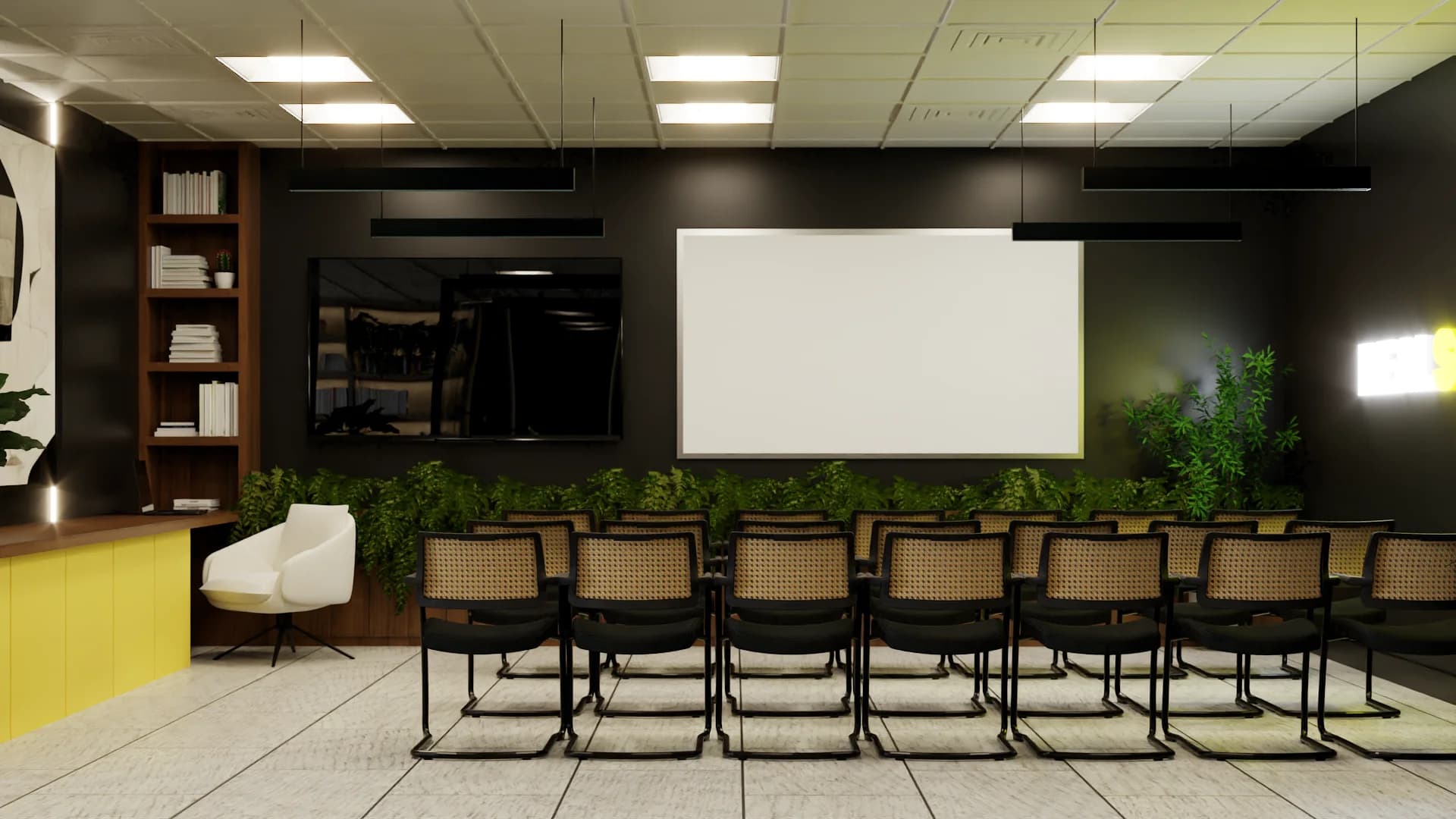 Corporate conference room with mounted TV, walnut shelving, white lounge chair, and planter strip