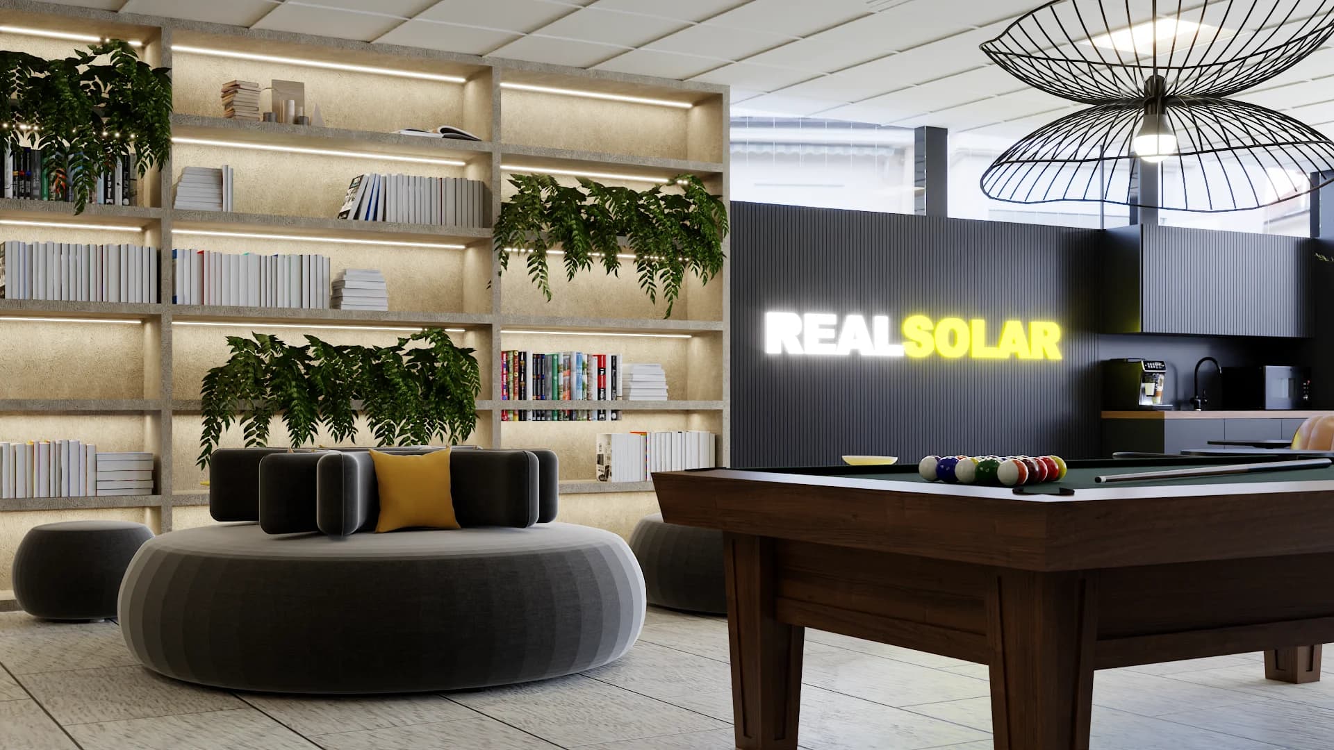 Corporate lounge with floor-to-ceiling wood shelving unit filled with cascading plants and books