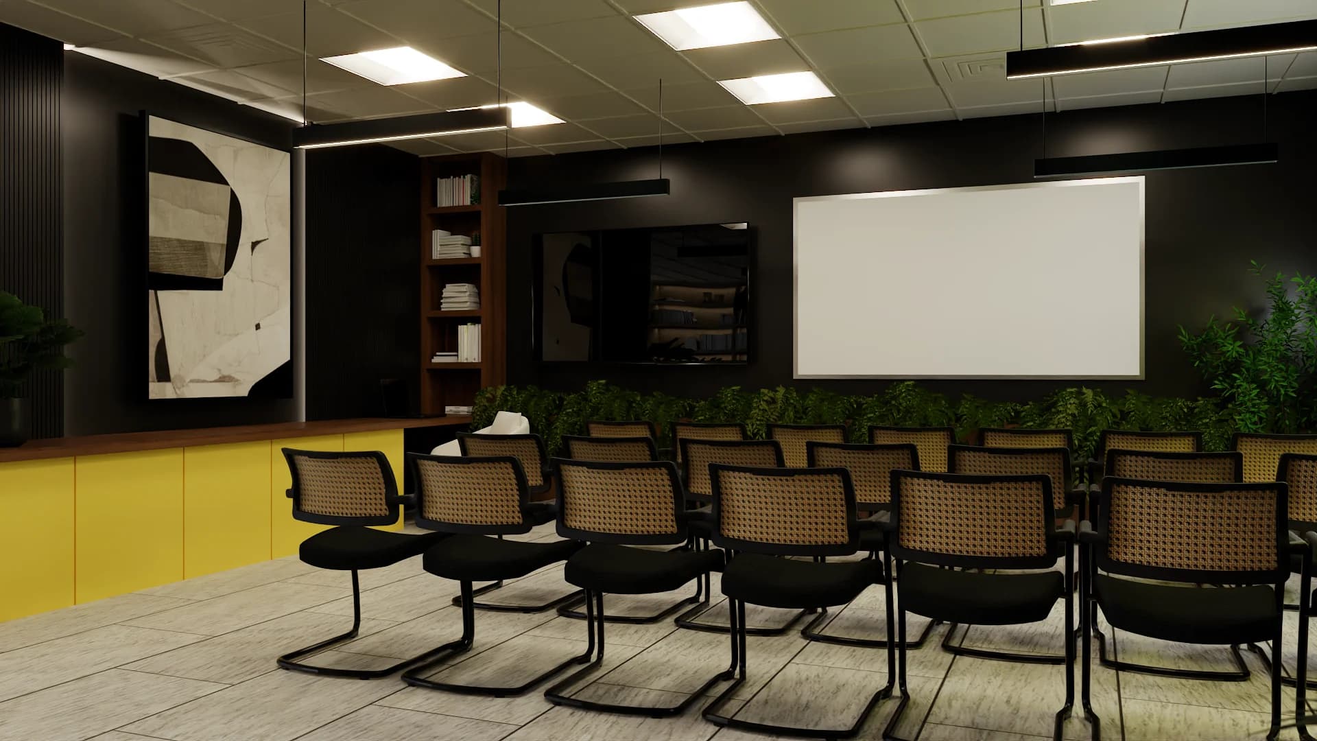 Corporate training room with rows of cane-back chairs facing a projector screen and mounted TV