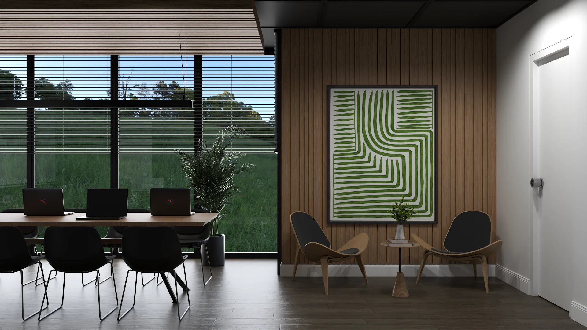 Co-working table by windows with laptops, oak slat accent wall, and green geometric art