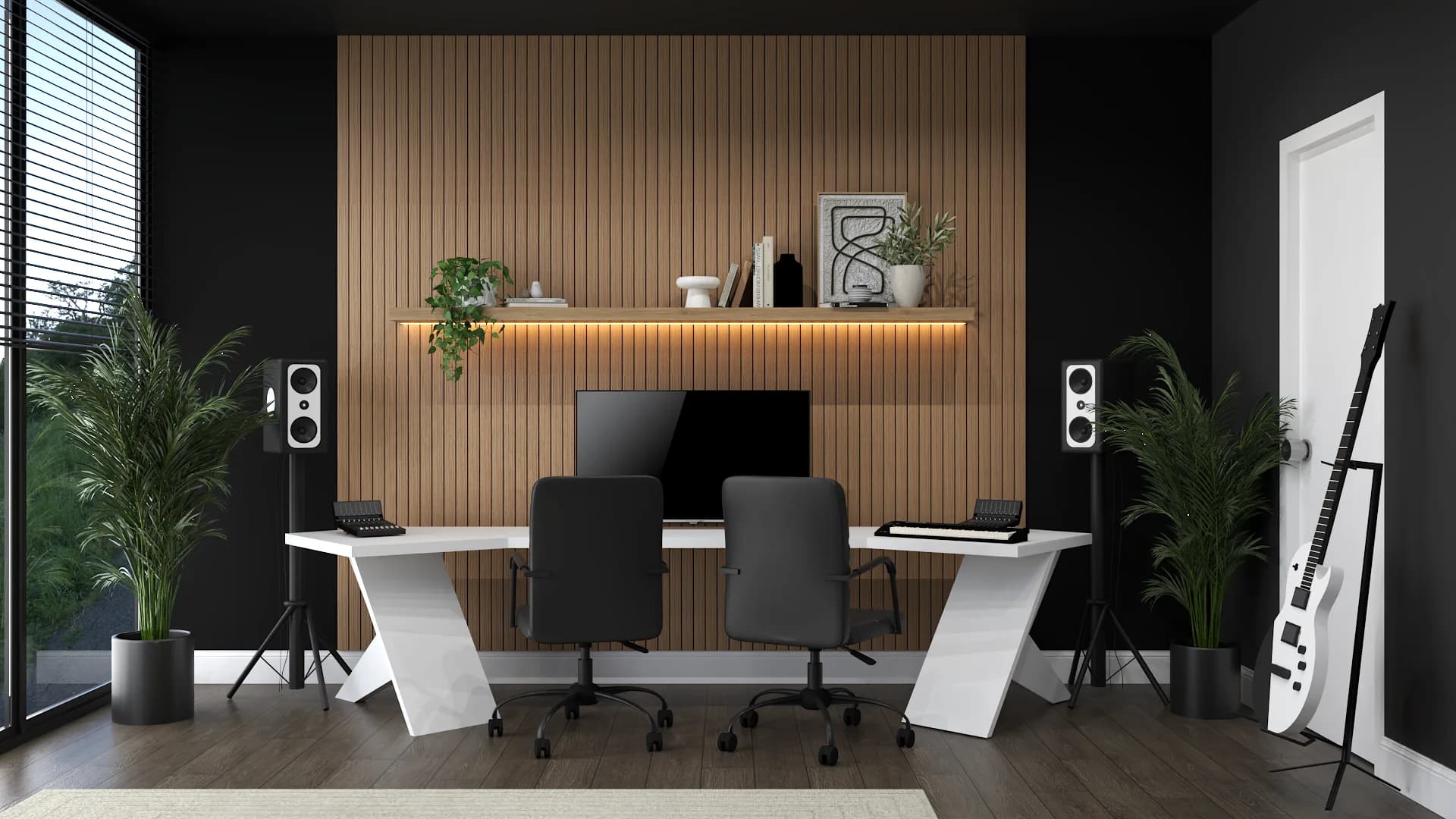 Creative studio with oak slat wall, dual white desks, LED shelf, speakers, and guitar
