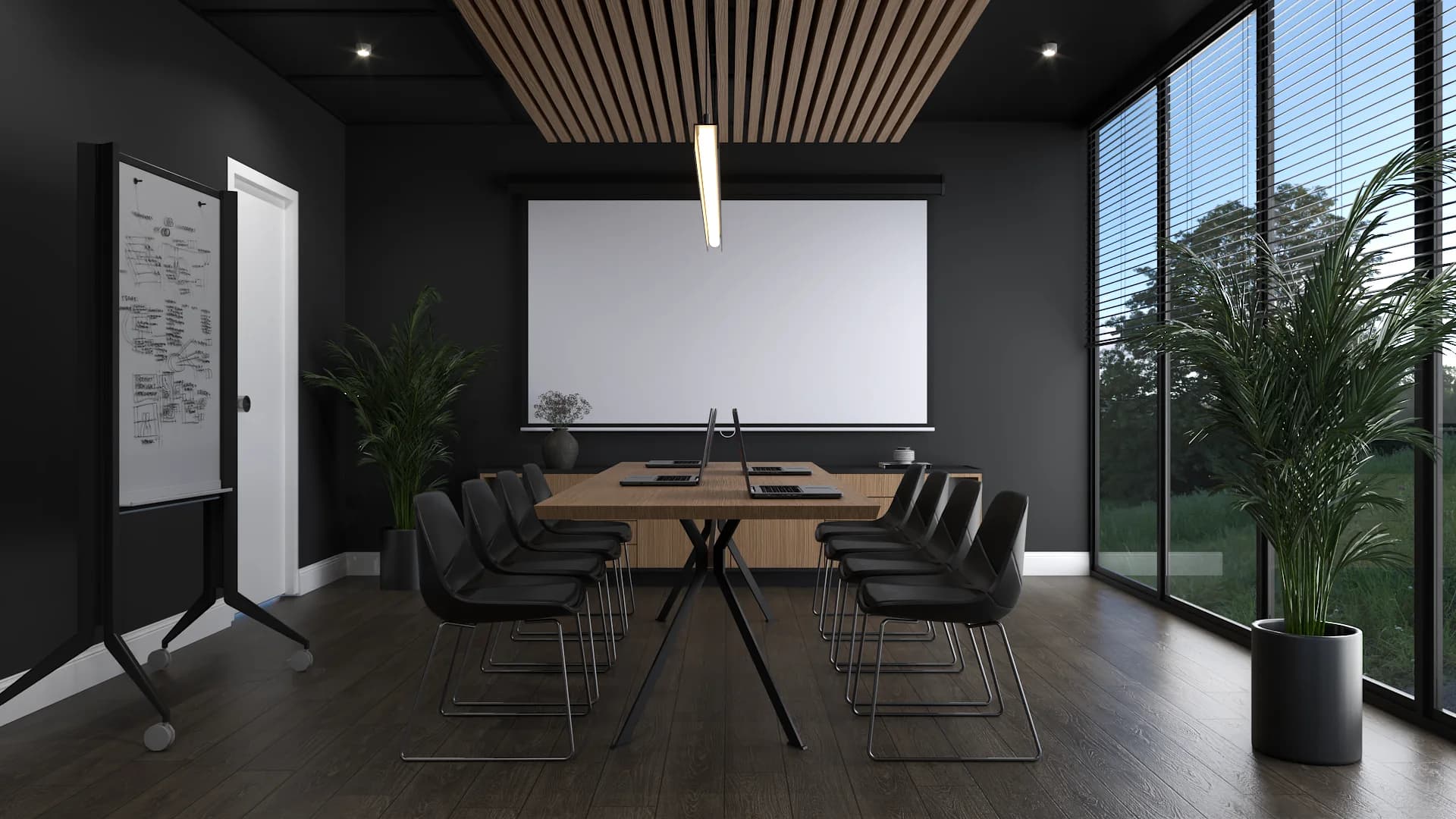 Dark conference room with oak table, black chairs, slat ceiling, and floor-to-ceiling windows