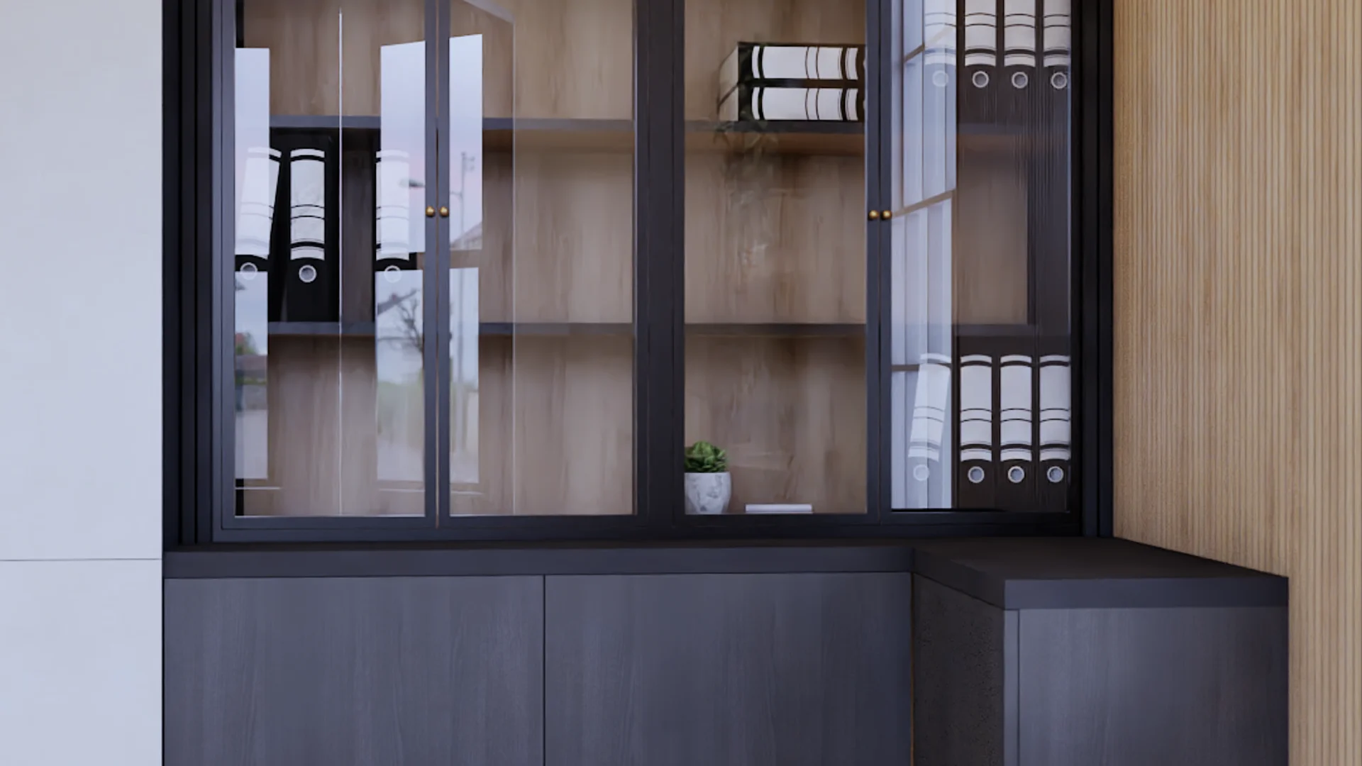 Close-up of dark charcoal glass-front file cabinet with brass knobs, wood-backed interior shelves holding binders and a small white pot plant, lower closed storage panels, floor-to-ceiling oak vertical slat wall panel at right