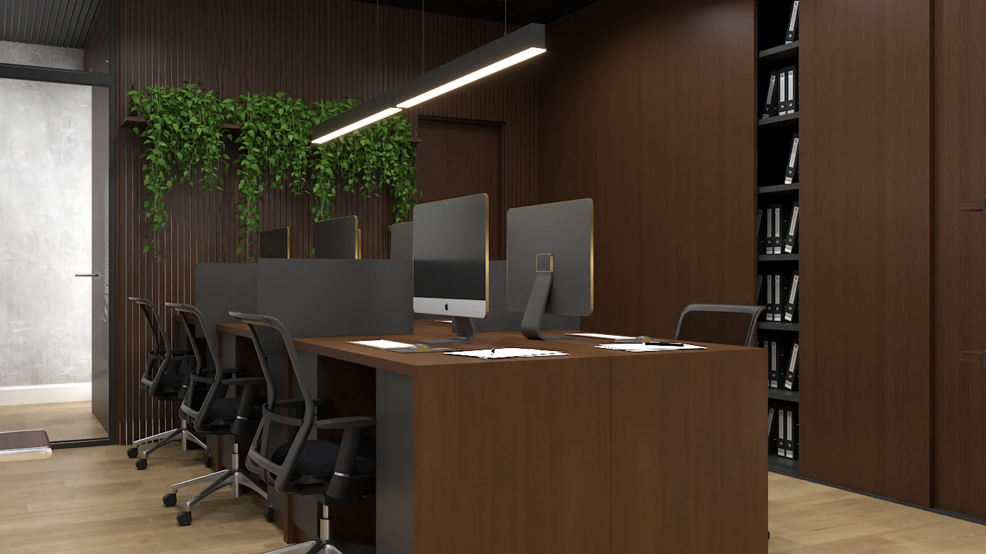 Dark walnut workstation wall with binder shelving, trailing plants, and linear pendant