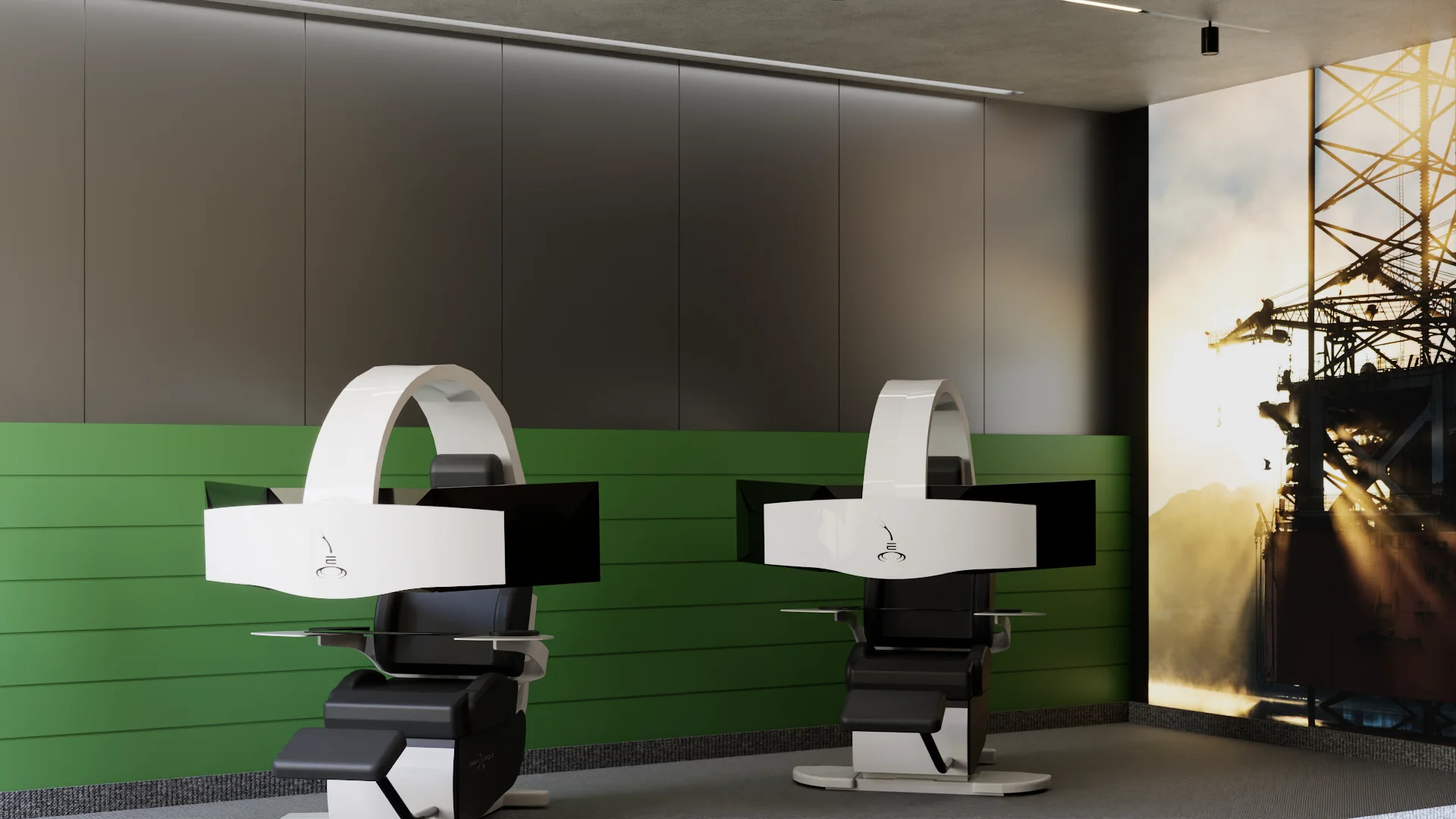 Two white pod workstations with green horizontal panel accent wall and industrial photo artwork