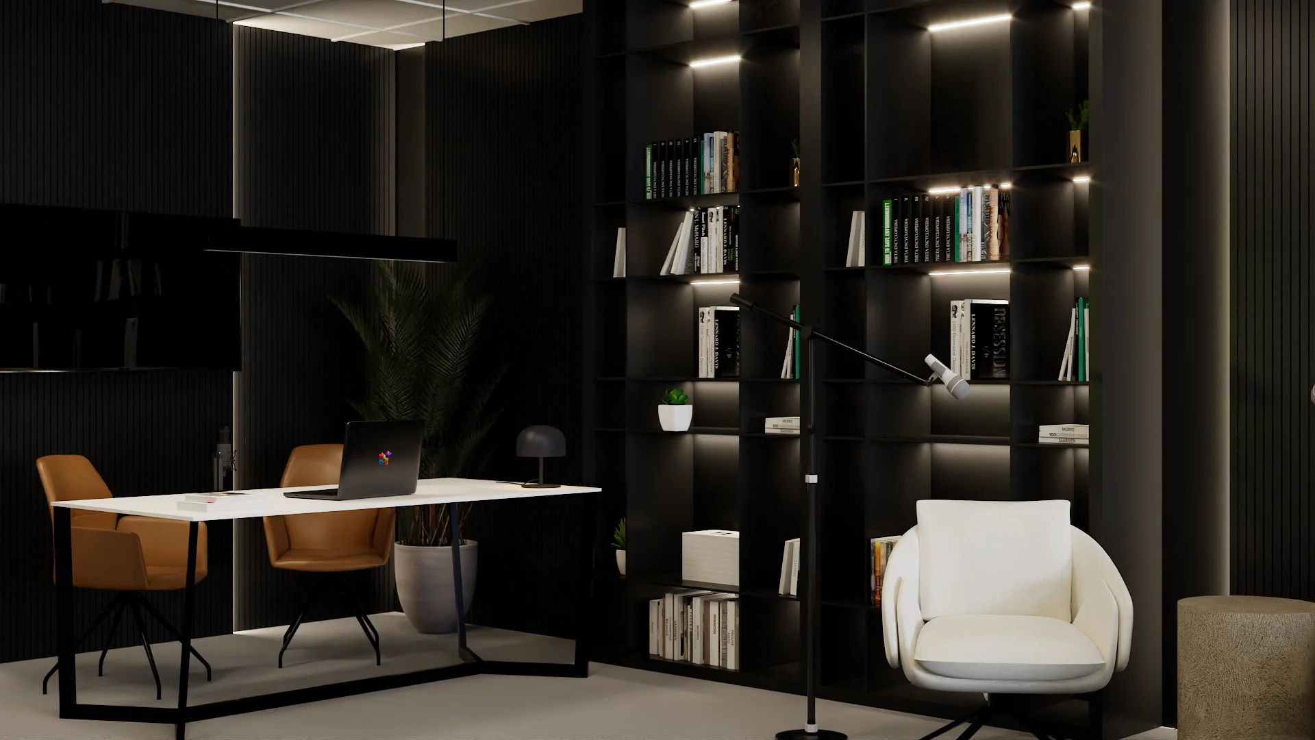 Executive office with floor-to-ceiling black backlit bookcase, white desk, and tan leather chairs