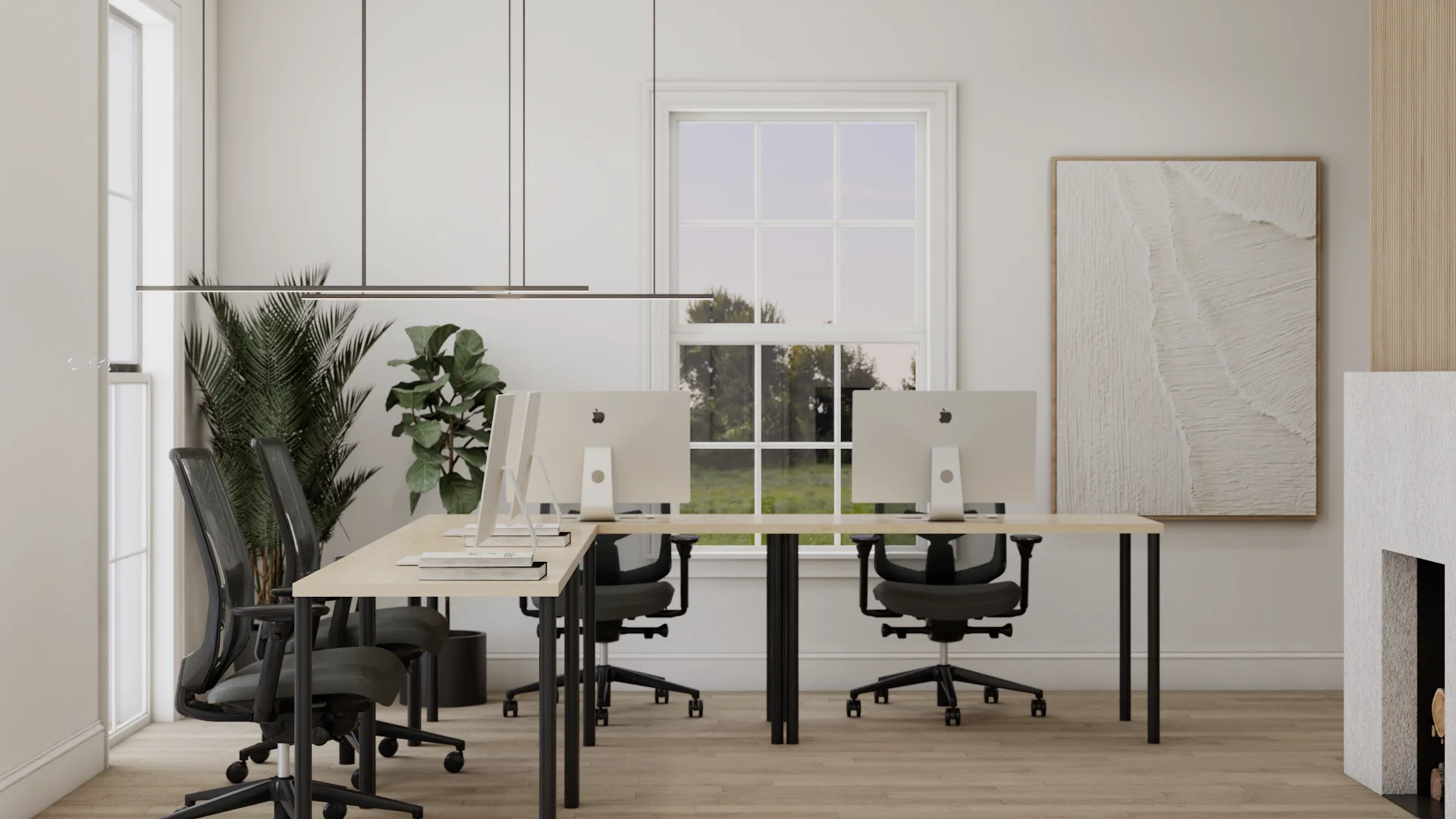 Four-desk open office with maple-top bench desks on black steel legs, black mesh task chairs, dual linear pendant lights, white paneled walls, large grid window, textured canvas art in oak frame, palm and fiddle leaf plants, oak hardwood floor