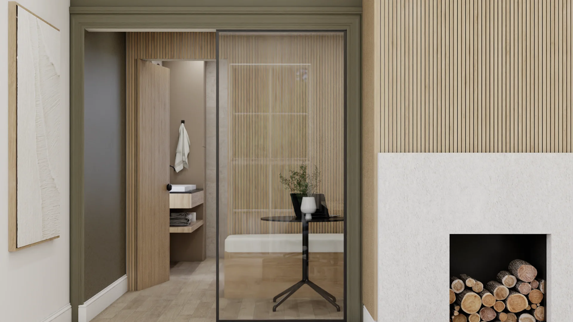 Close-up of black steel framed glass sliding door entry into an inner office with oak slat walls, a small round black table with white vase, white bench seating, and an open bathroom nook with a floating oak vanity visible through the doorway