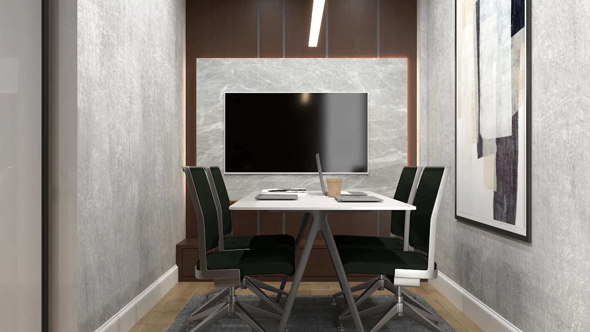 Small meeting room with white table, four forest green chairs, and marble-panel wall-mounted TV