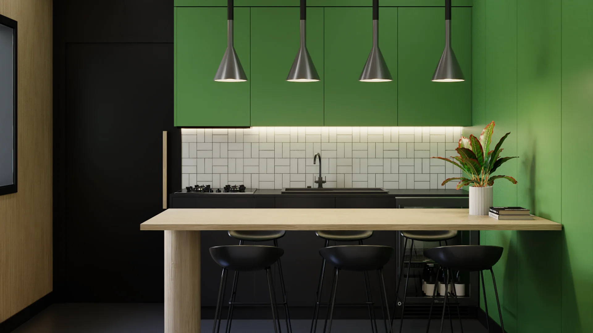 Green and black kitchen with wood bar counter, black stools, and four cone pendant lights