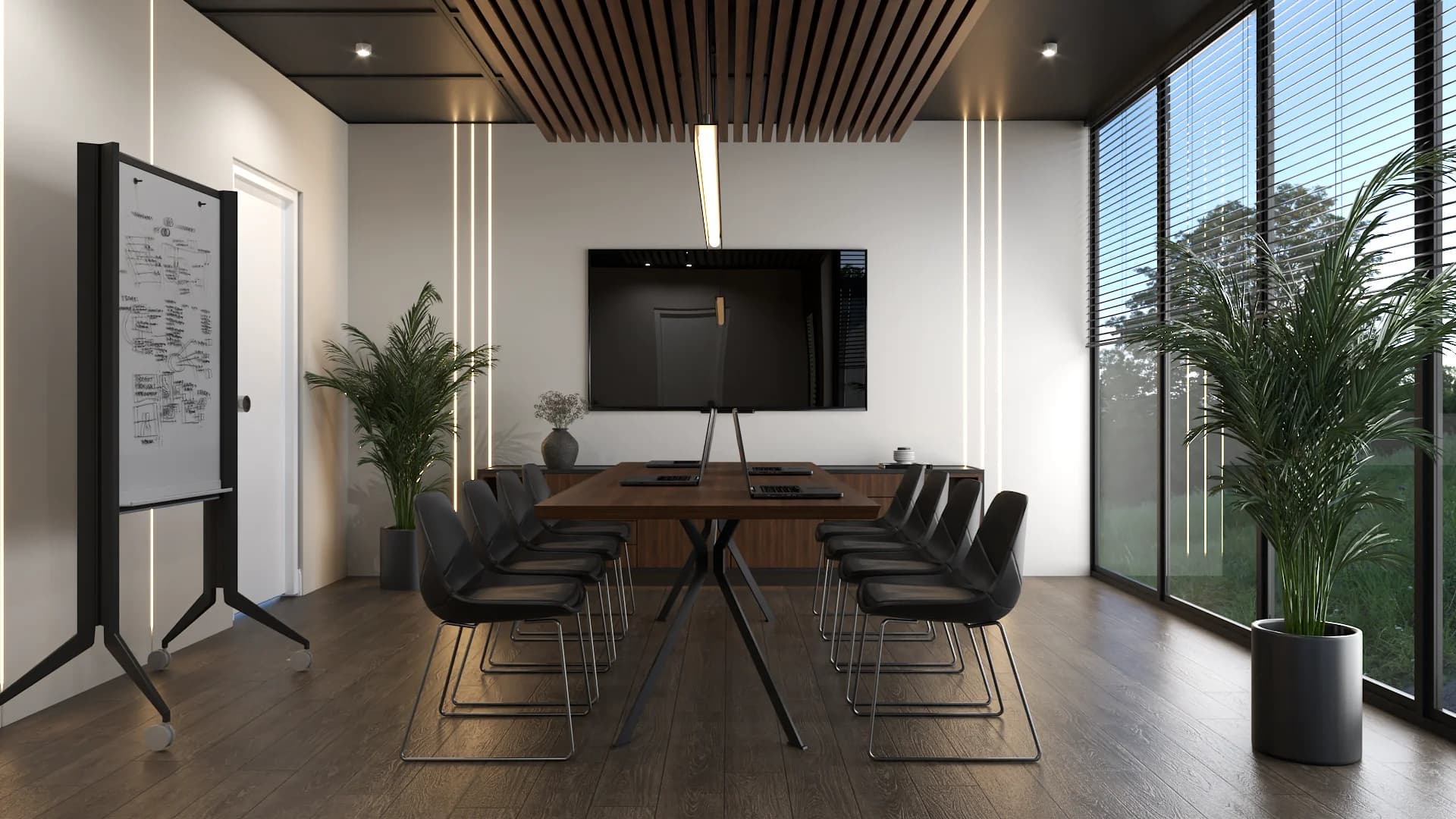 Conference room with walnut table, vertical LED strips, slatted ceiling, and wall-mounted TV
