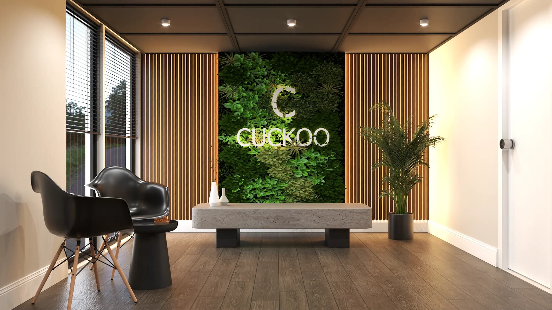 Office reception with moss wall, oak slat panels, black shell chairs, concrete console, and dark coffered ceiling