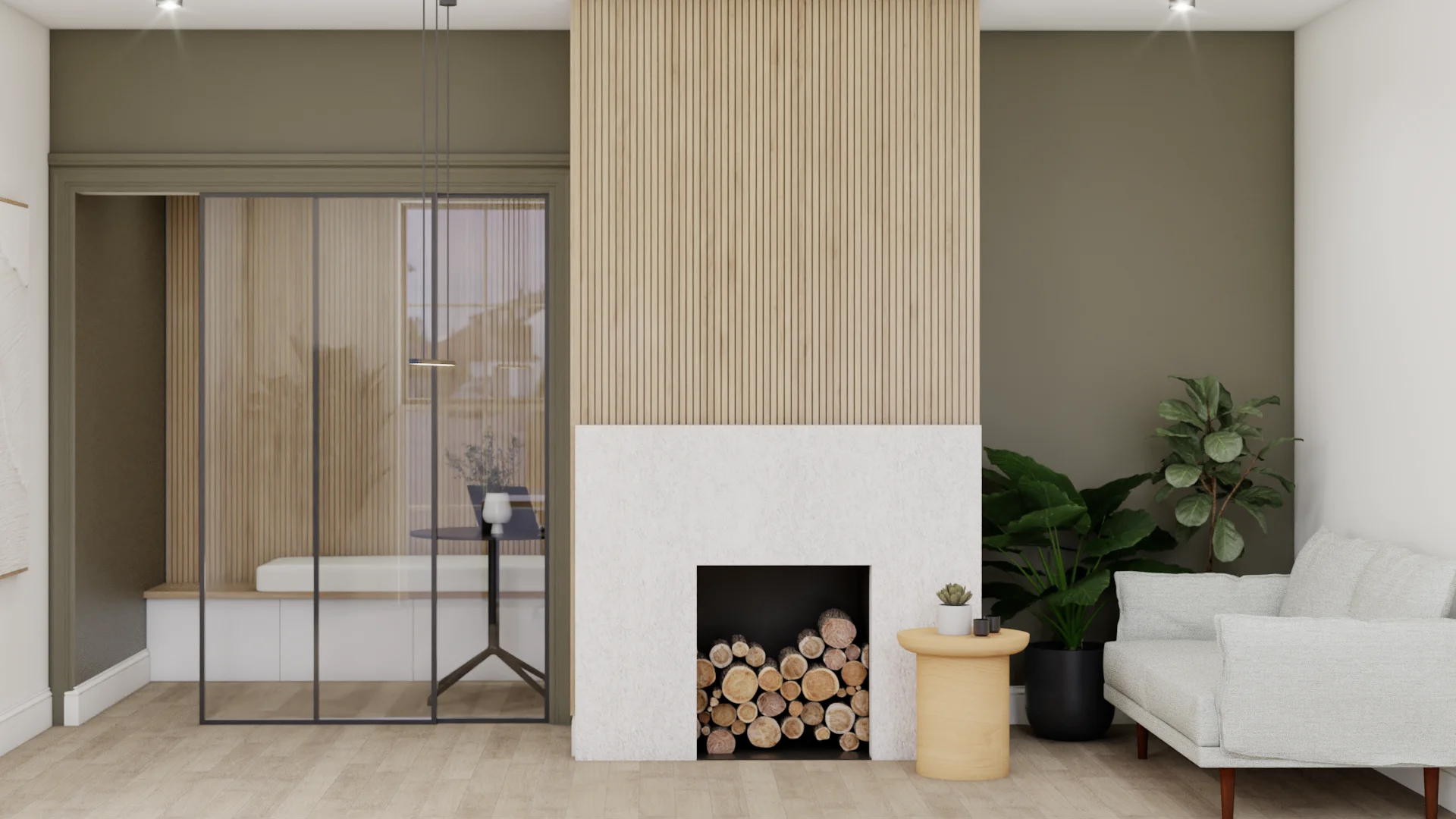 Office lobby with olive green walls, floor-to-ceiling oak wood slat fireplace surround with stacked log opening, white plaster mantle, cream linen sofa, yellow drum side table, large fiddle leaf fig plant, and black steel glass partition