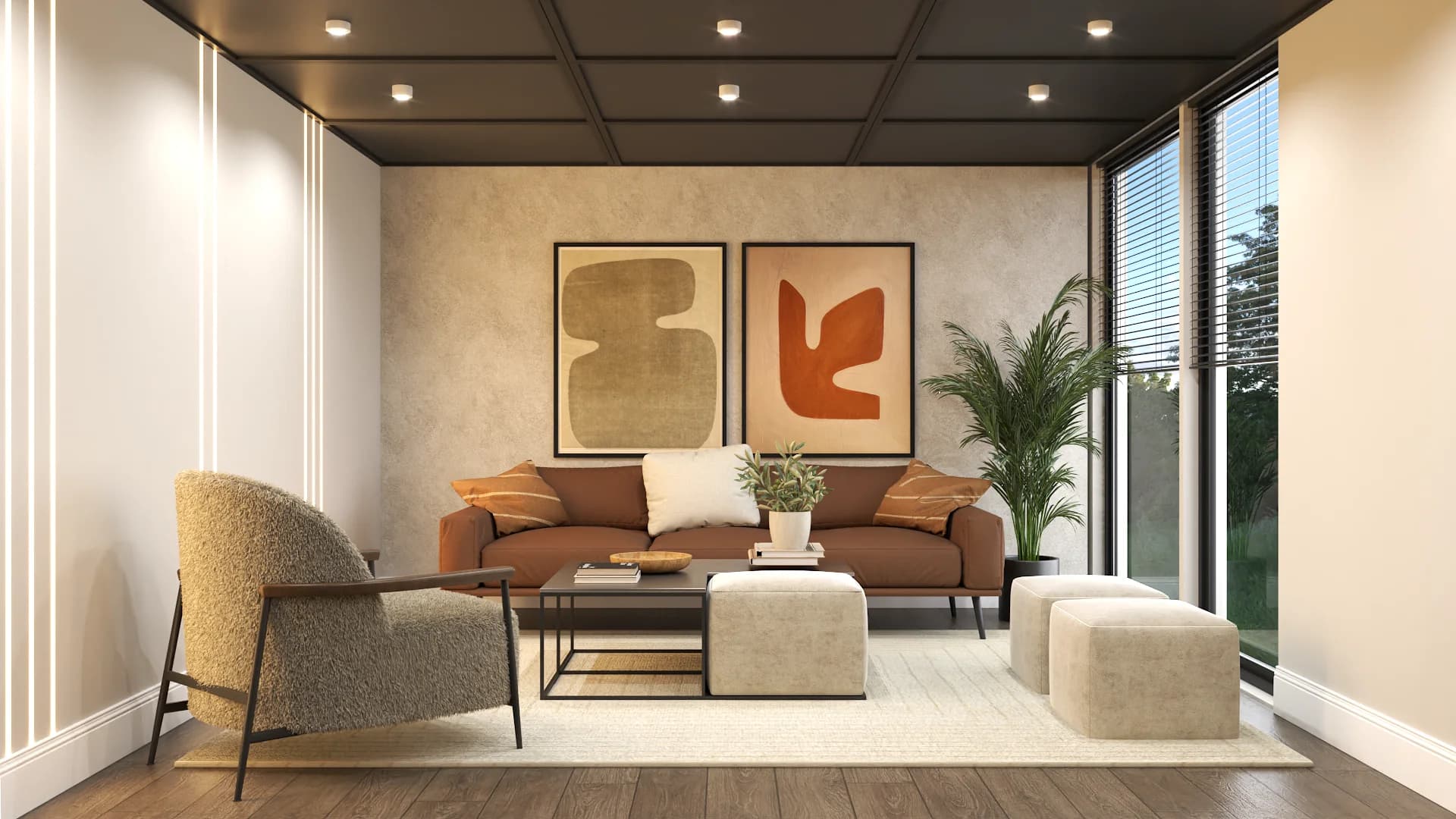 Office lounge with terracotta sofa, abstract art, cream cube ottomans, and coffered ceiling