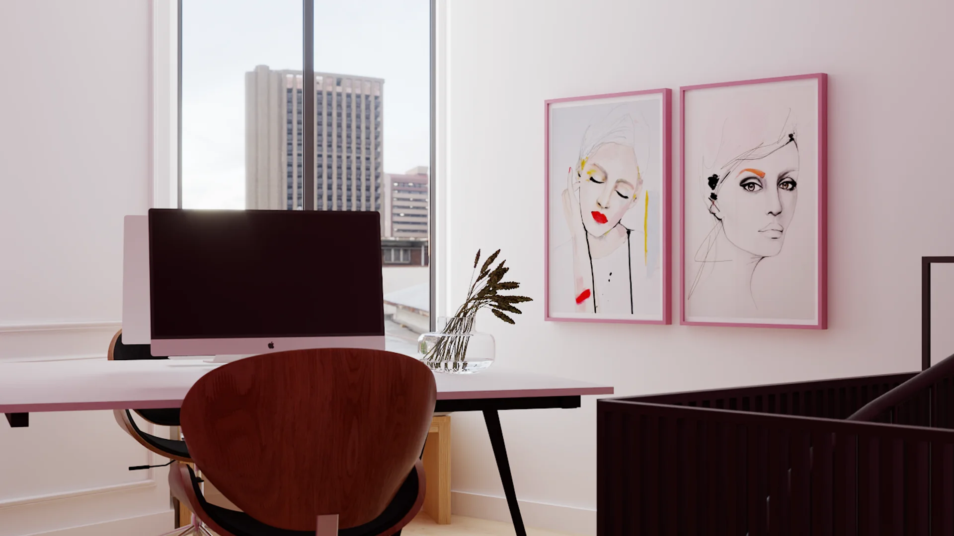 Mezzanine desk close-up with iMac, walnut chair, and pink-framed fashion art