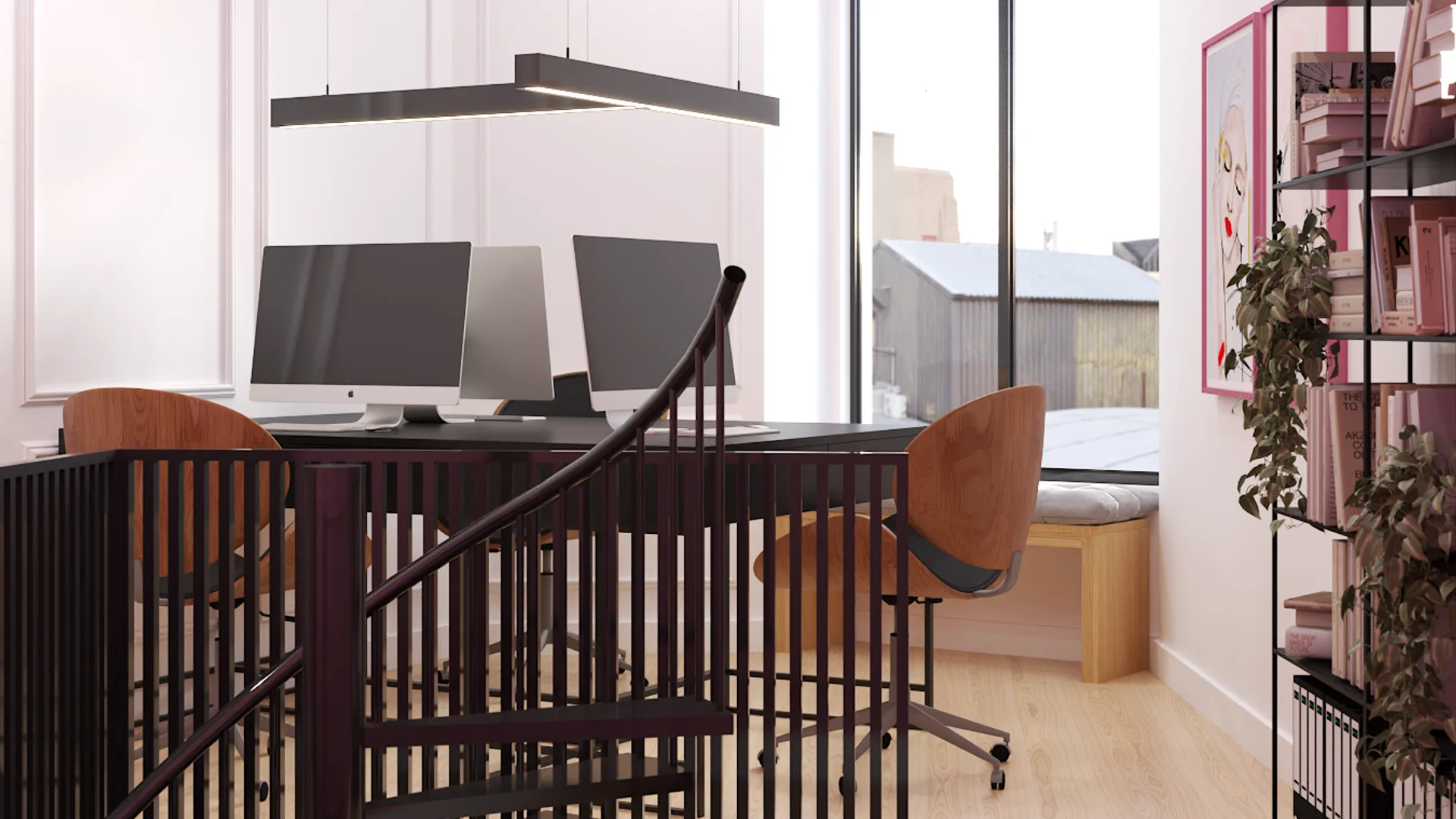 Mezzanine office with dual monitors, staircase railing, and city window view