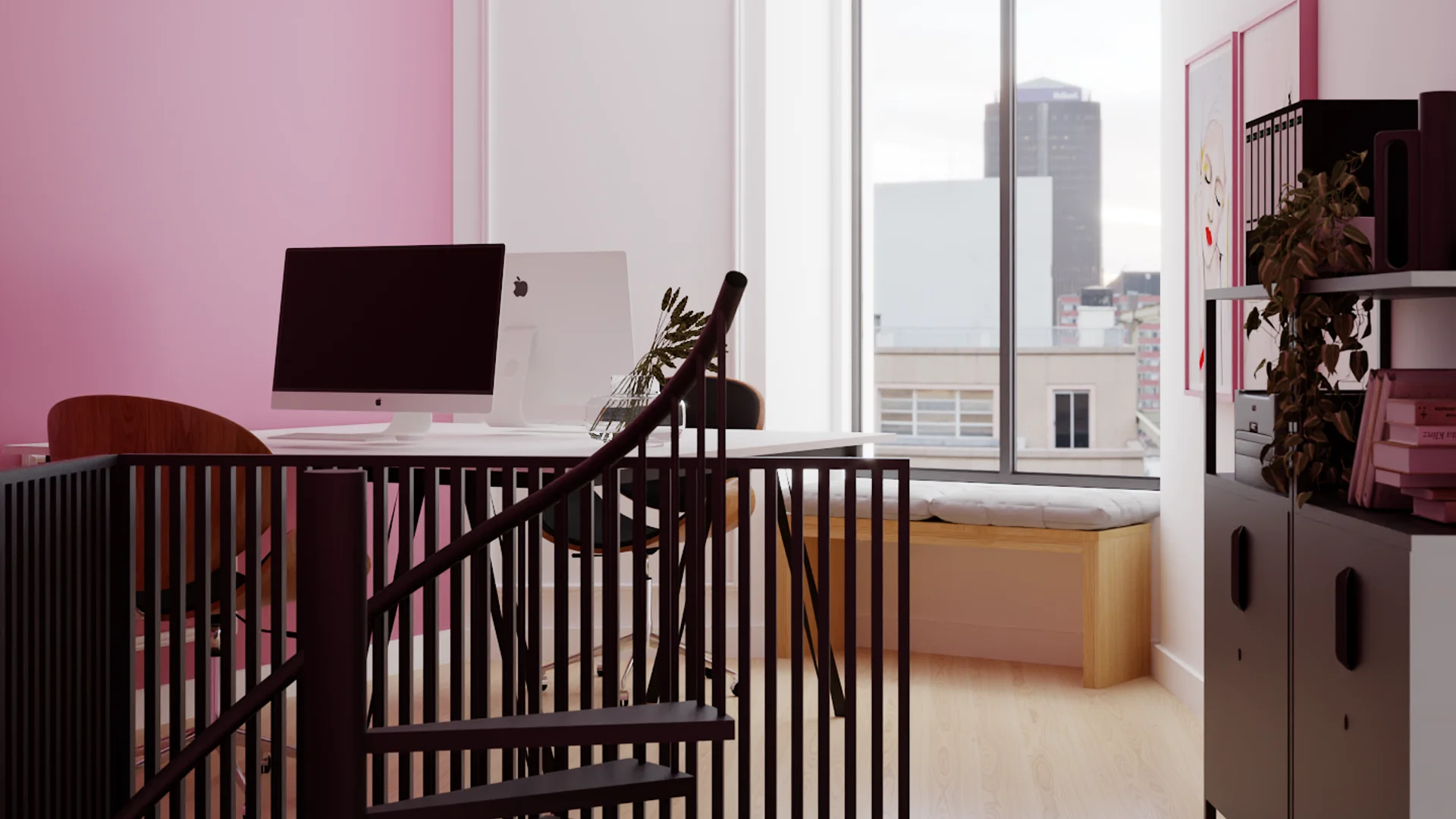Mezzanine landing with iMac desk, pink wall, staircase railing, and city view