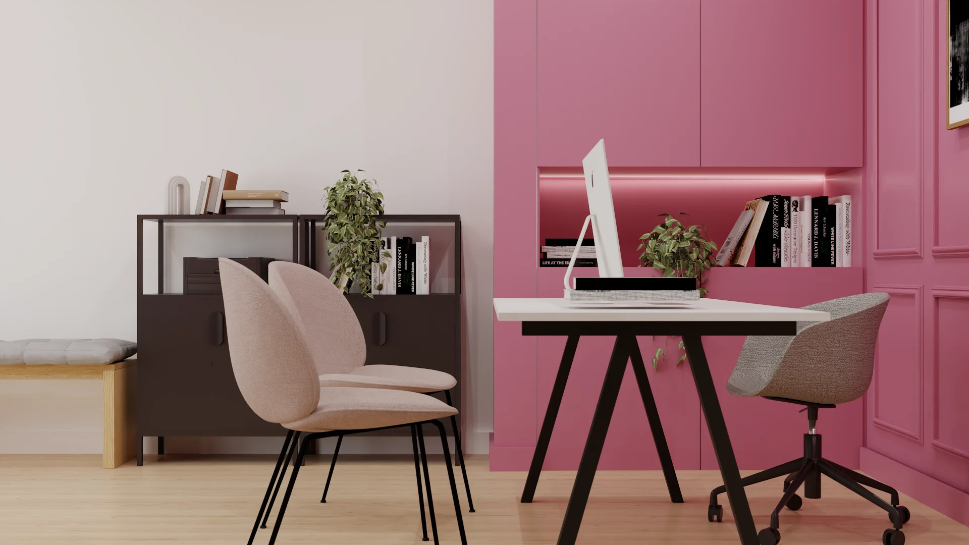 Pink panel niche desk with LED strip shelf, iMac, and cream beetle chairs