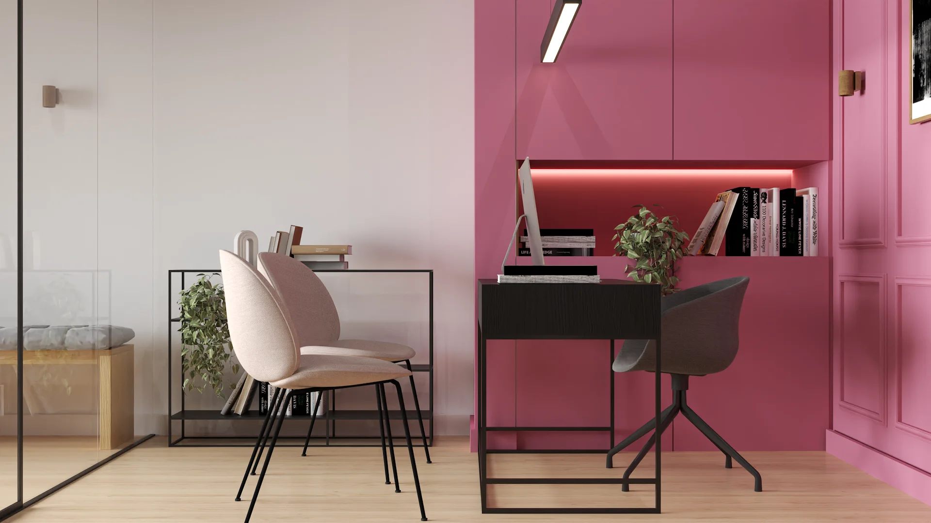 Pink paneled niche workstation with LED strip shelf and glass partition behind