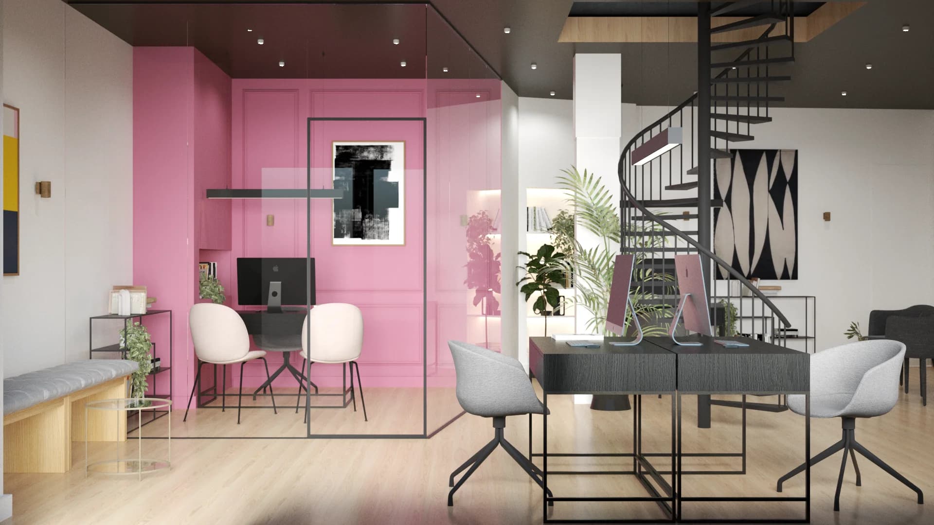 Open-plan design studio with pink paneled accent wall, glass partitions, black metal furniture, and spiral staircase