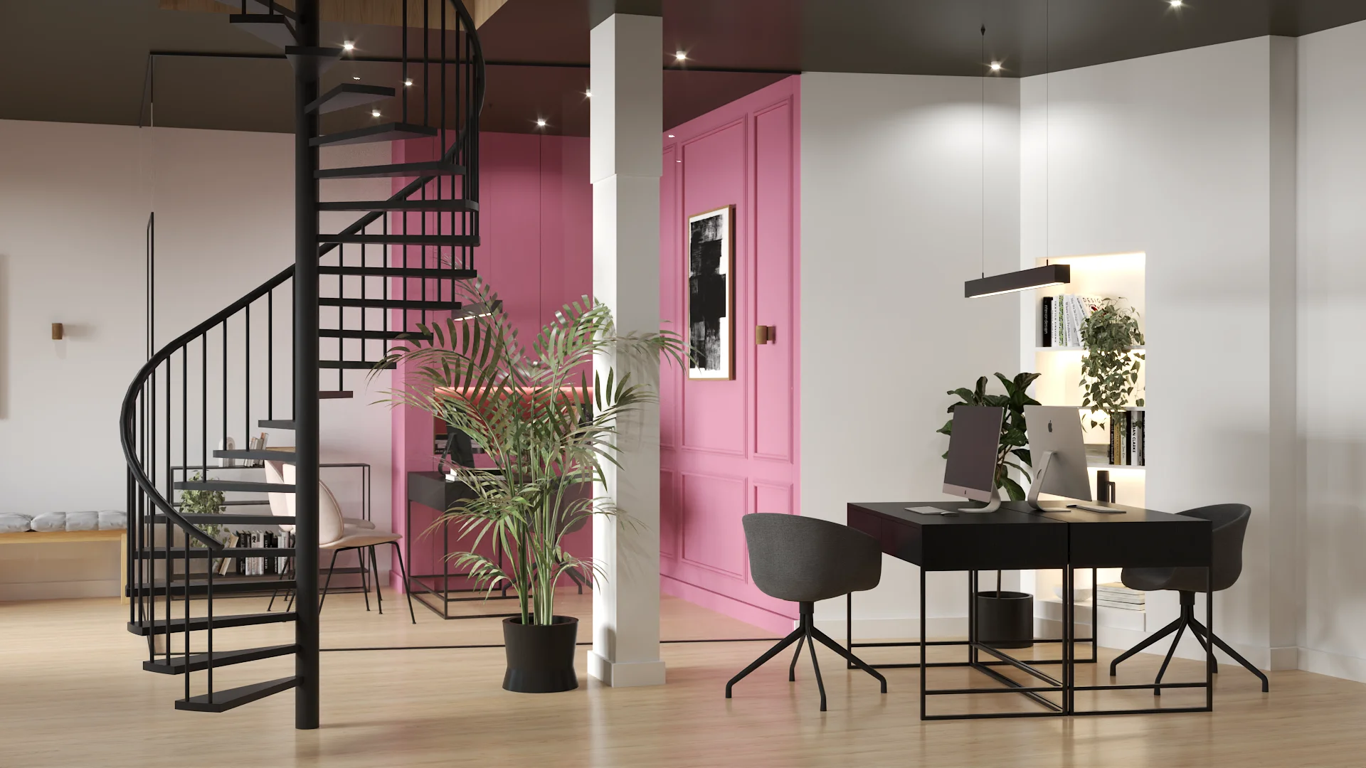 Wide open workspace with spiral staircase, pink paneled wall, and two-person desk