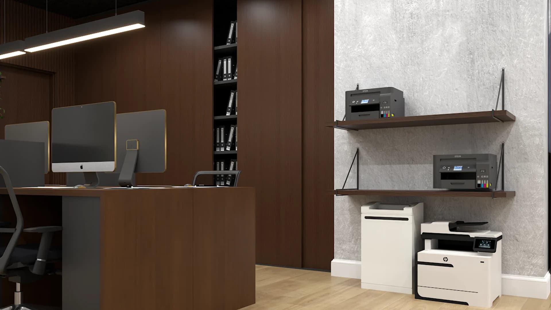 Print station corner with concrete accent wall, floating walnut shelves, and two printers