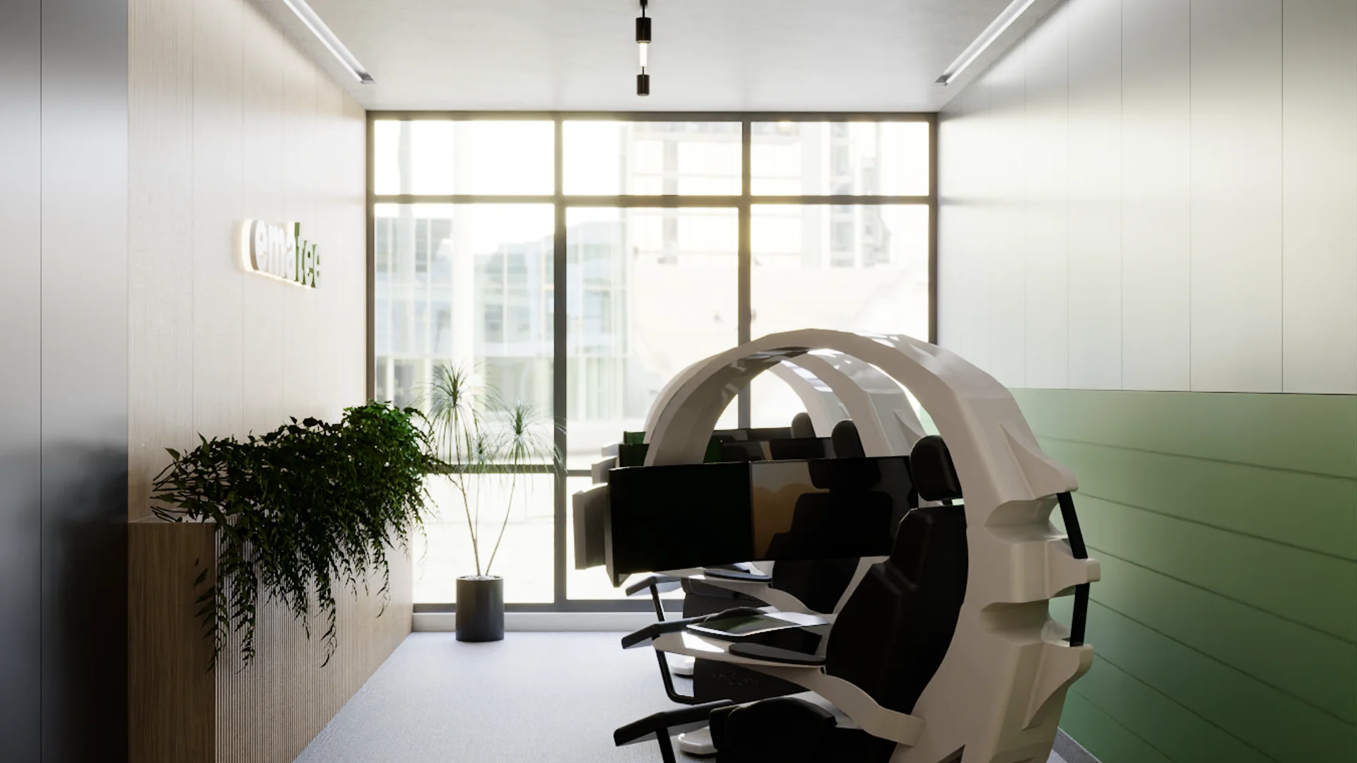 Private pod workstation facing floor-to-ceiling windows with green accent panel and plants