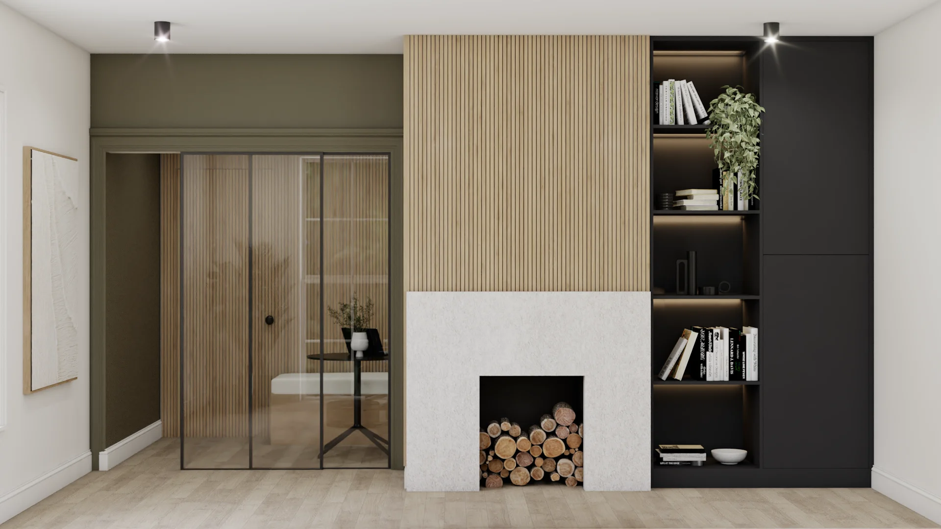 Reception lobby with olive accent wall, black steel framed glass partition leading to inner office, central oak wood slat fireplace column with stacked log opening, floor-to-ceiling black built-in bookshelf with LED lighting holding books and plants